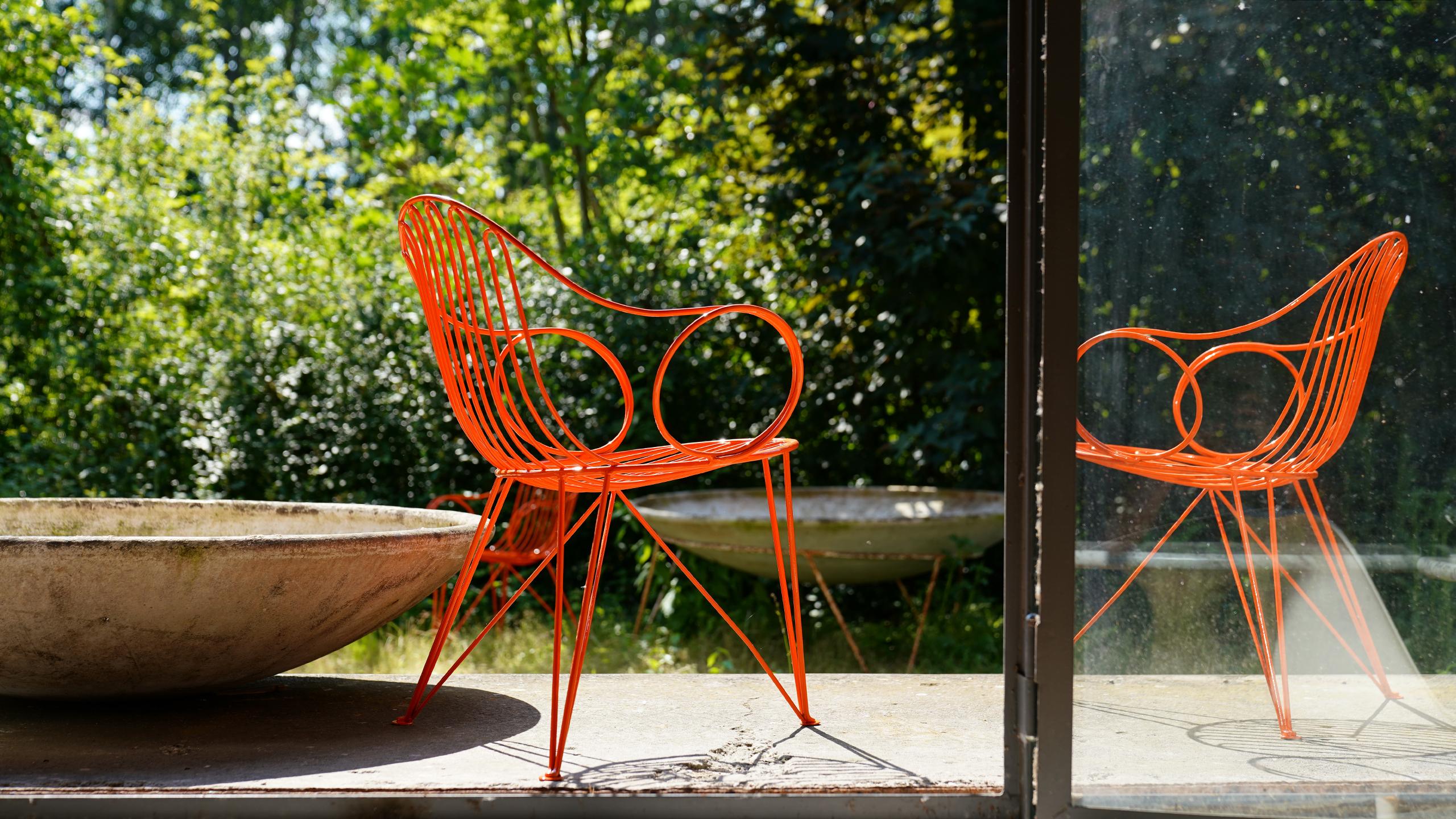 Mid-20th Century Mauser Waldeck, 2 Modernist Garden Chairs 1952, Germany in Bright Orange