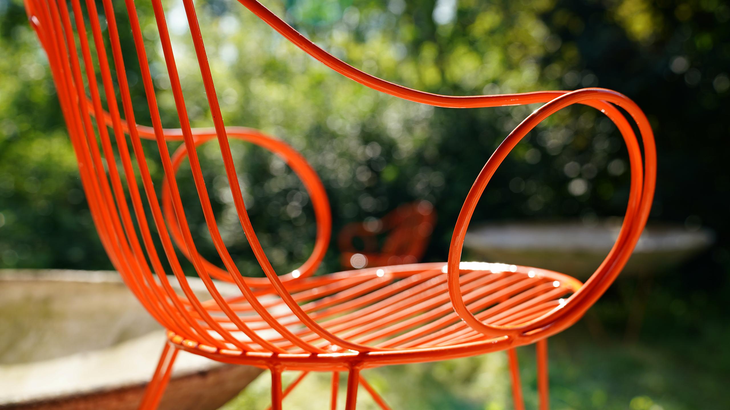 Steel Mauser Waldeck, 2 Modernist Garden Chairs 1952, Germany in Bright Orange