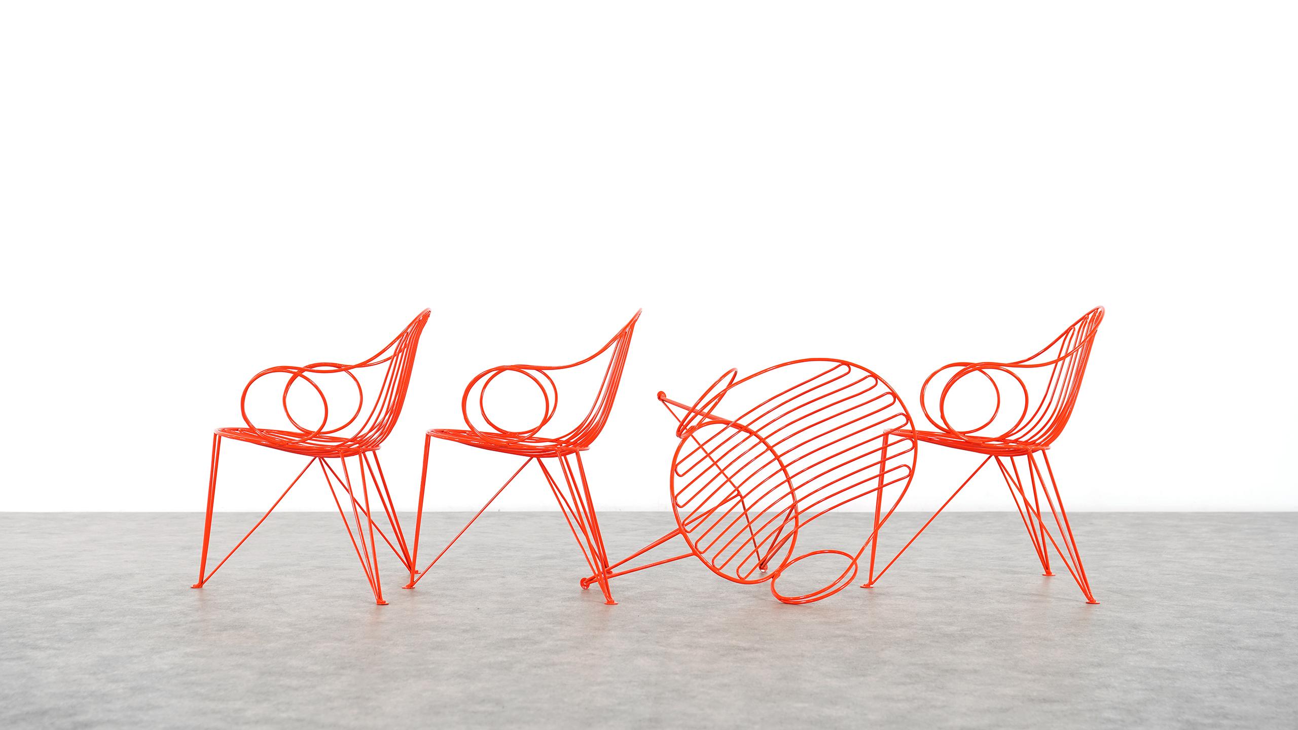 Powder-Coated Mauser Waldeck, 4 Modernist Garden Chairs 1952, Germany in Bright Orange