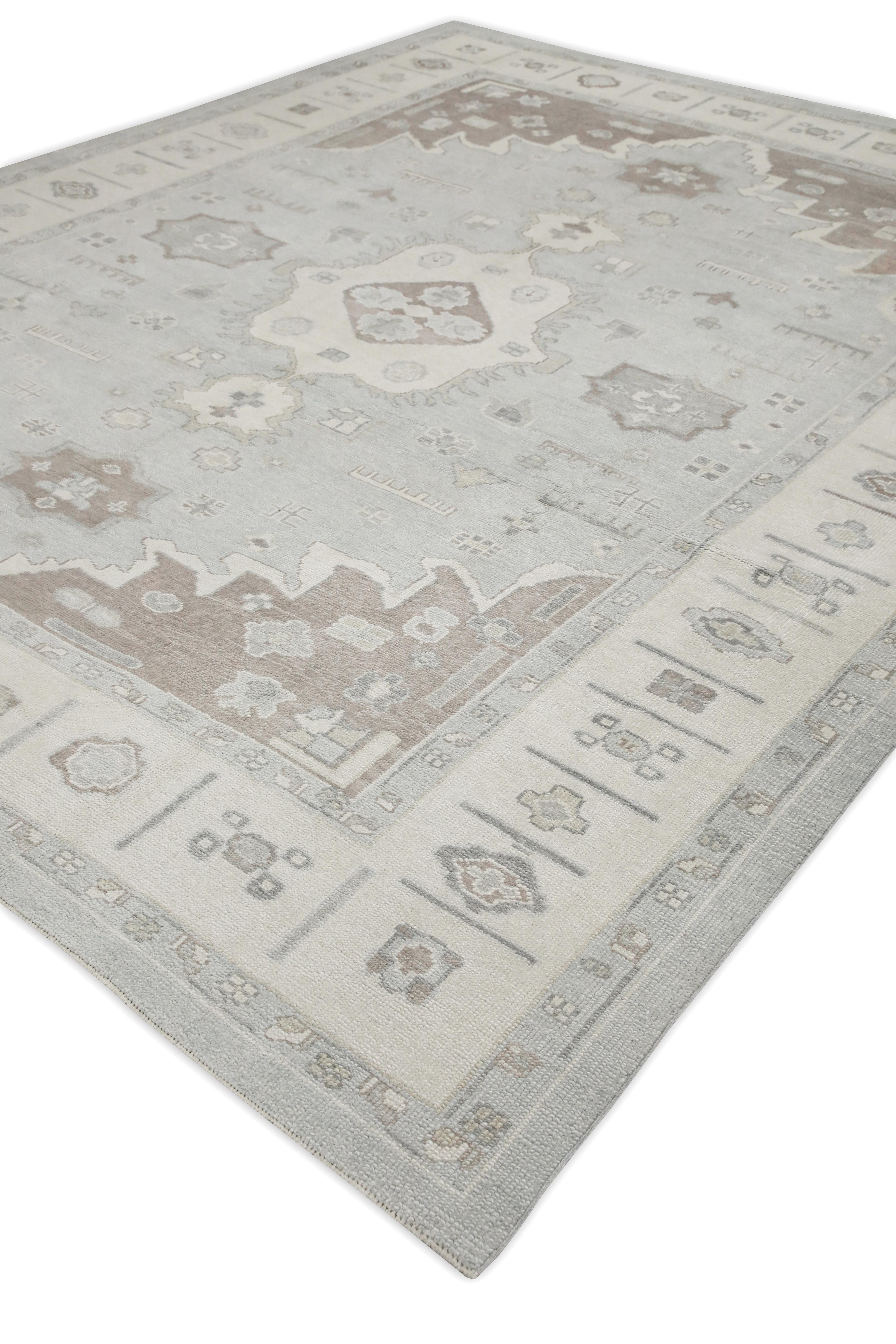 Tappeto Oushak turco in lana intrecciata a mano dal design geometrico blu e malva 9'11