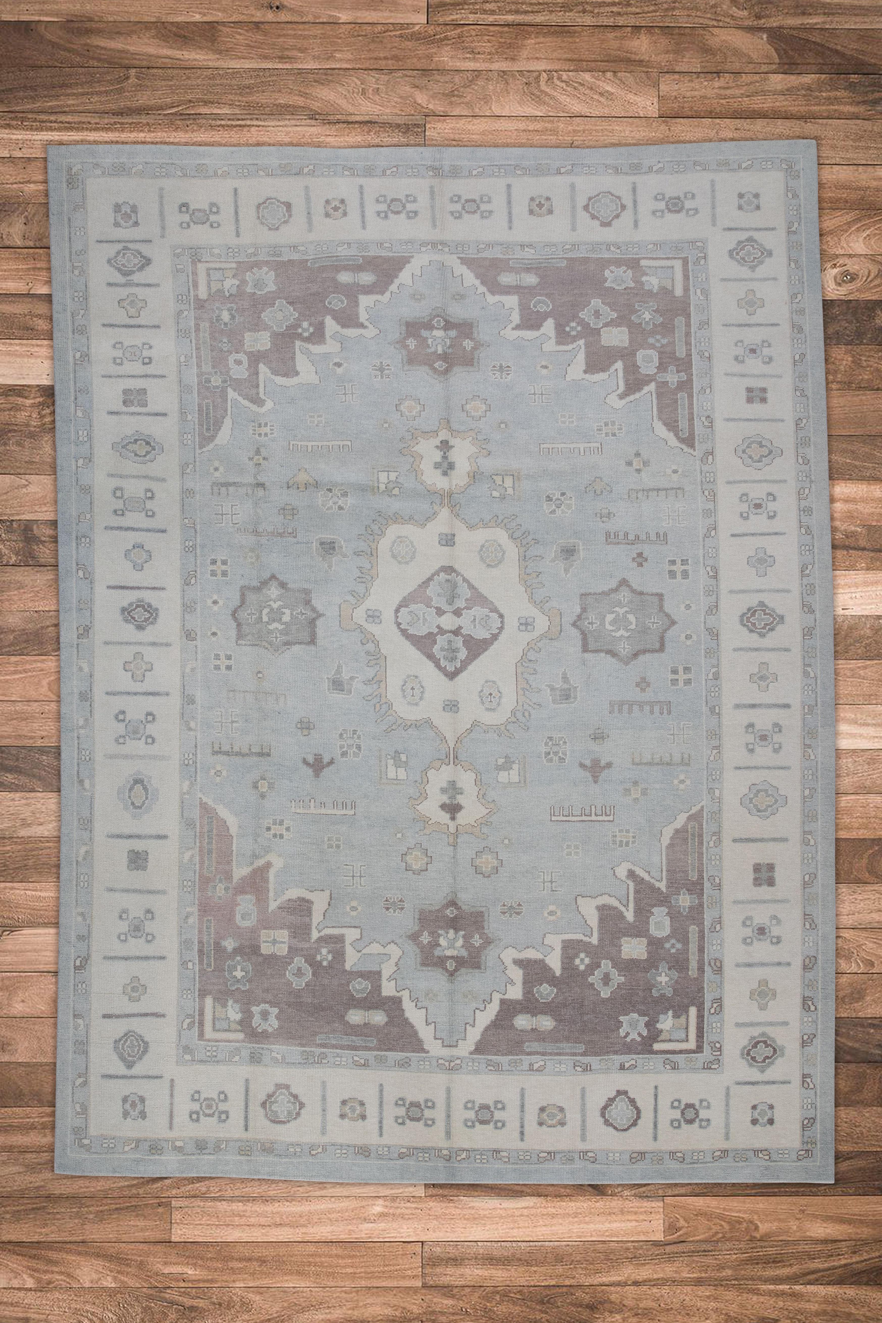 Lana Tappeto Oushak turco in lana intrecciata a mano dal design geometrico blu e malva 9'11
