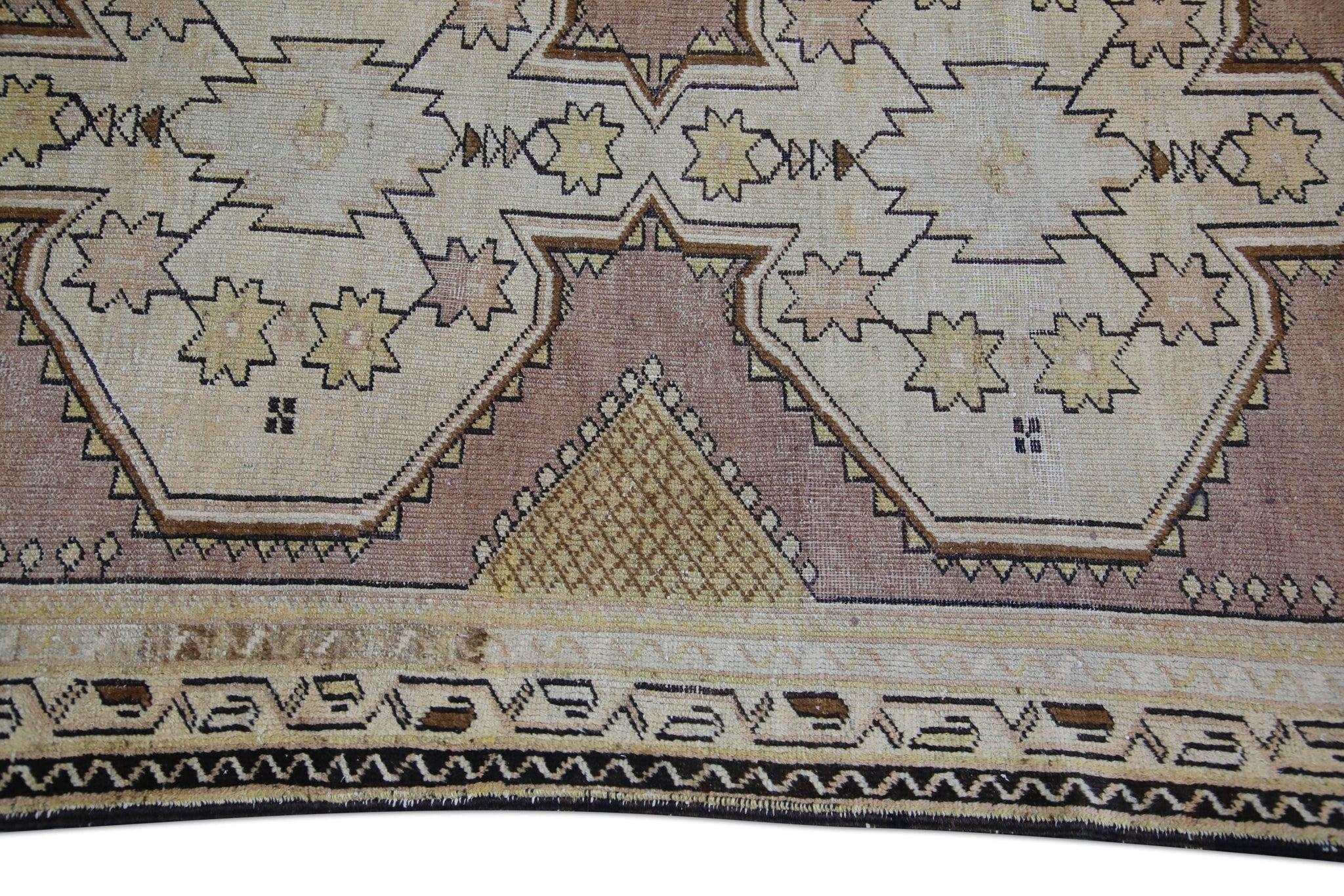 Contemporary Mauve & Brown Handwoven Wool Vintage Turkish Oushak Rug 3'10