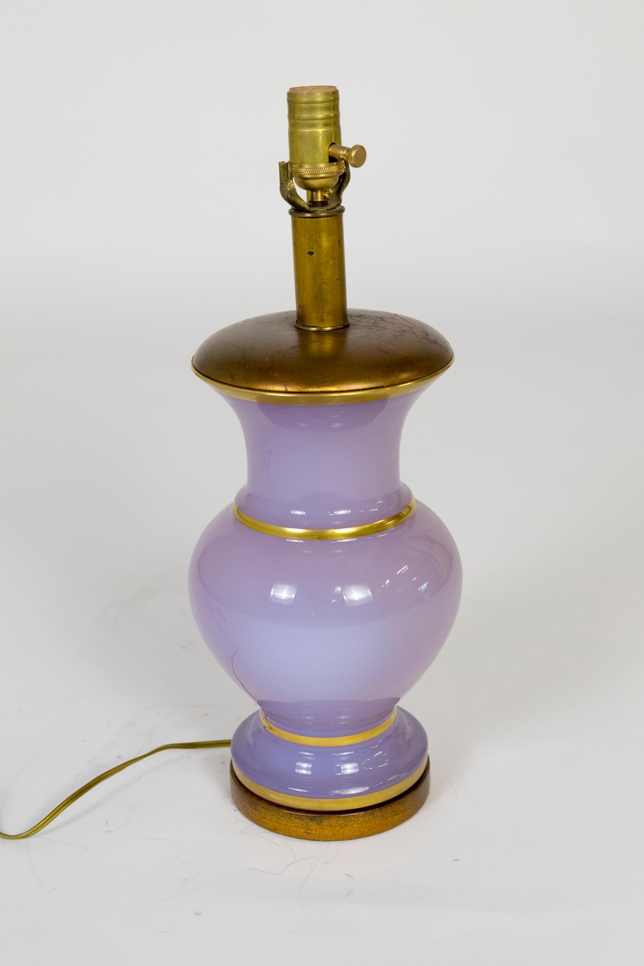 Brass Lilac Alexandrite Glass Amphora Lamp w/ Gilded Accents For Sale