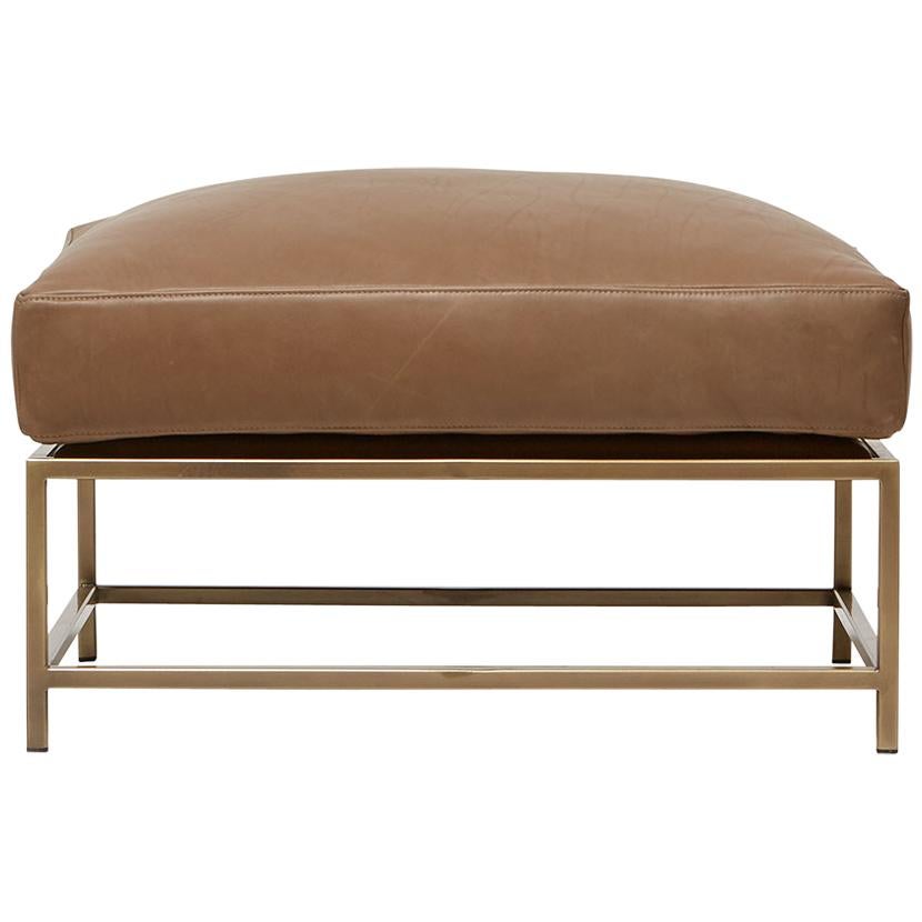Mauve Leather and Antique Brass Ottoman For Sale