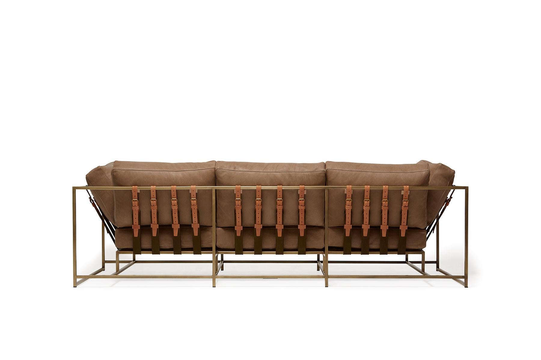 American Mauve Leather and Antique Brass Sofa For Sale