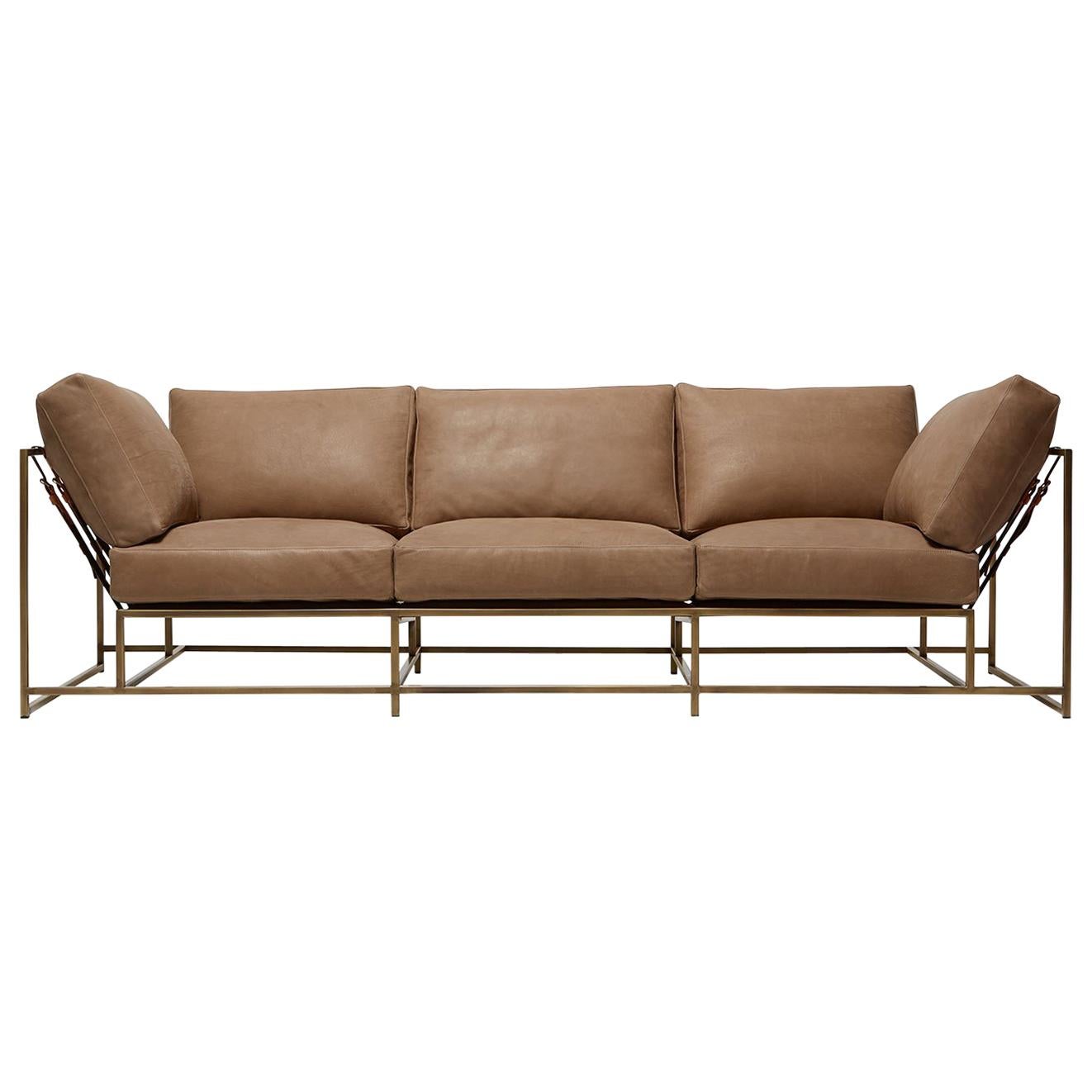 Mauve Leather and Antique Brass Sofa For Sale