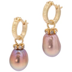 Mauve Pearl Drop Earrings with Cognac Diamonds in 22 Karat and 18 Karat Gold