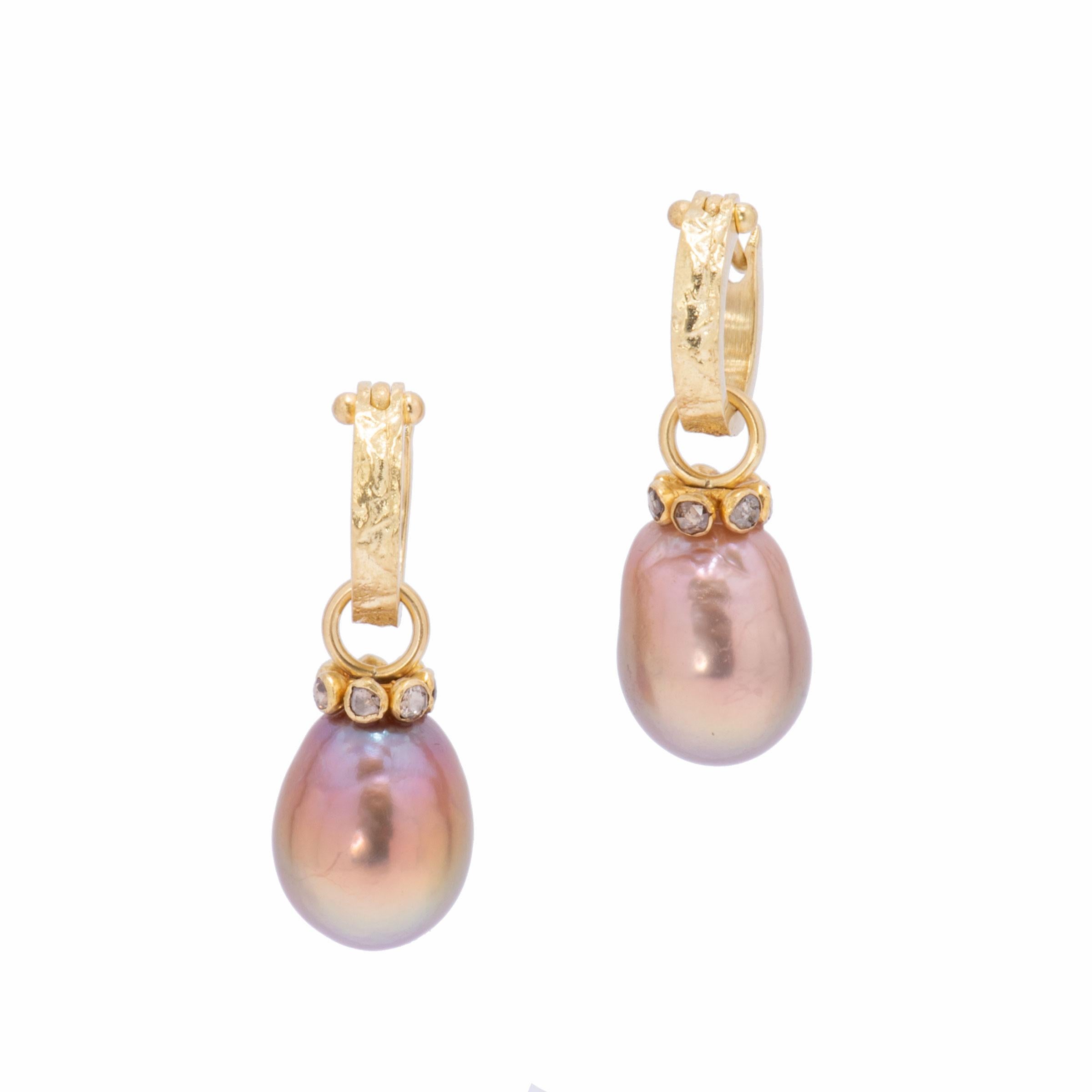Mauve Pearl Drop Earrings are crafted with Yangtze River pearls and set with a circle of 7 cognac diamonds around each crown set in 22k gold. Naturally irregular pearls are cultured in mussel shells in the delta areas of the Yangtze River in China.