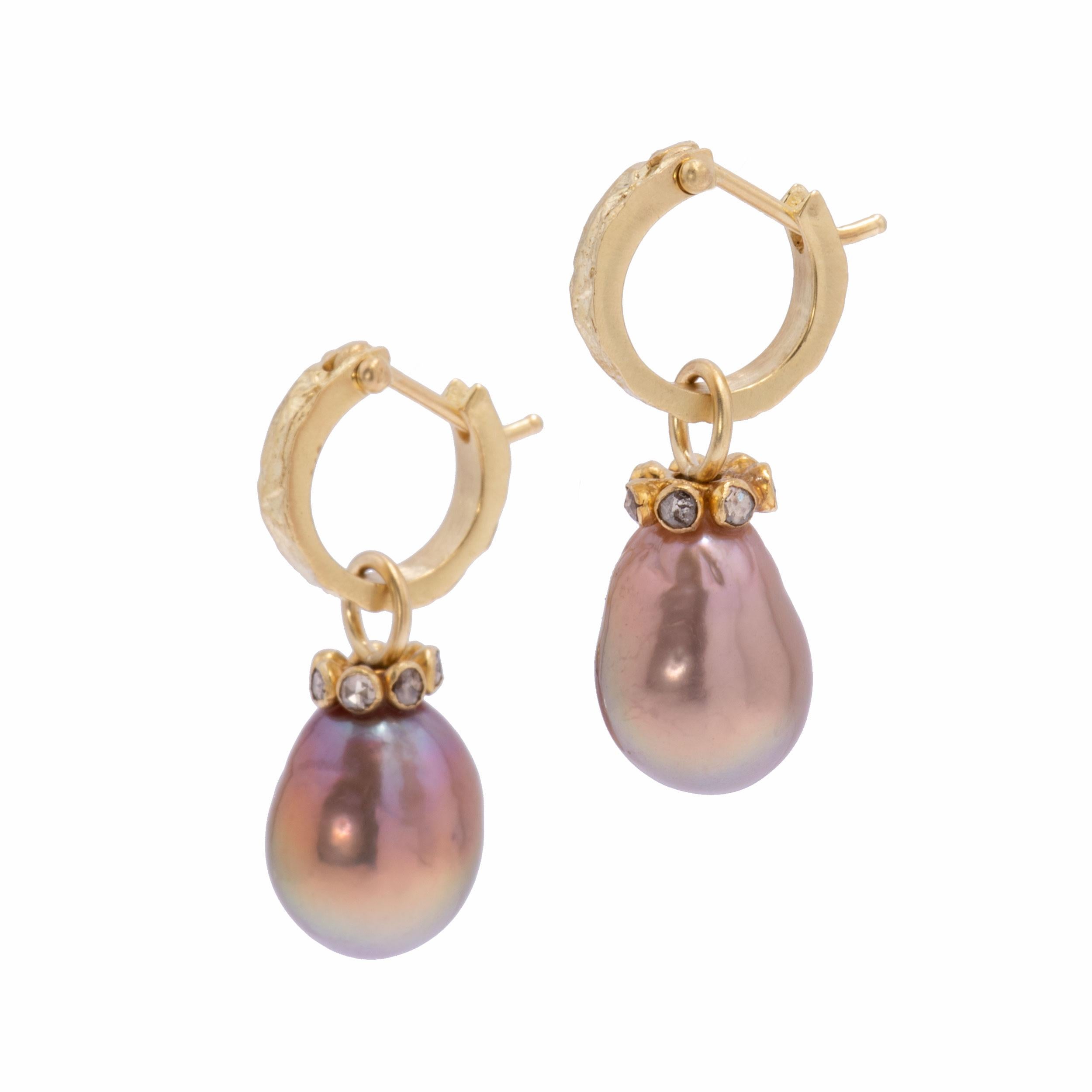 Contemporary Mauve Pearl Drop Earrings with Cognac Diamonds in 22 Karat and 18 Karat Gold