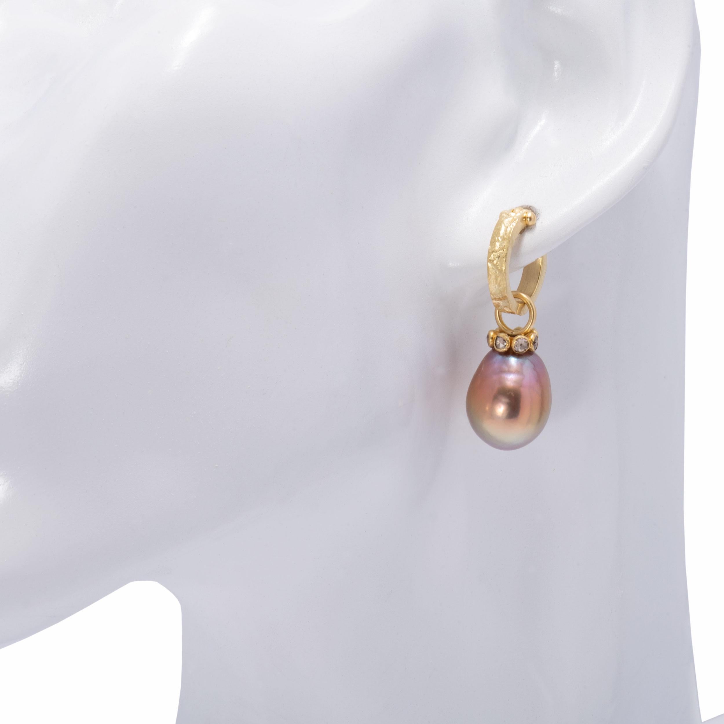 Mauve Pearl Drop Earrings with Cognac Diamonds in 22 Karat and 18 Karat Gold In New Condition In Santa Fe, NM