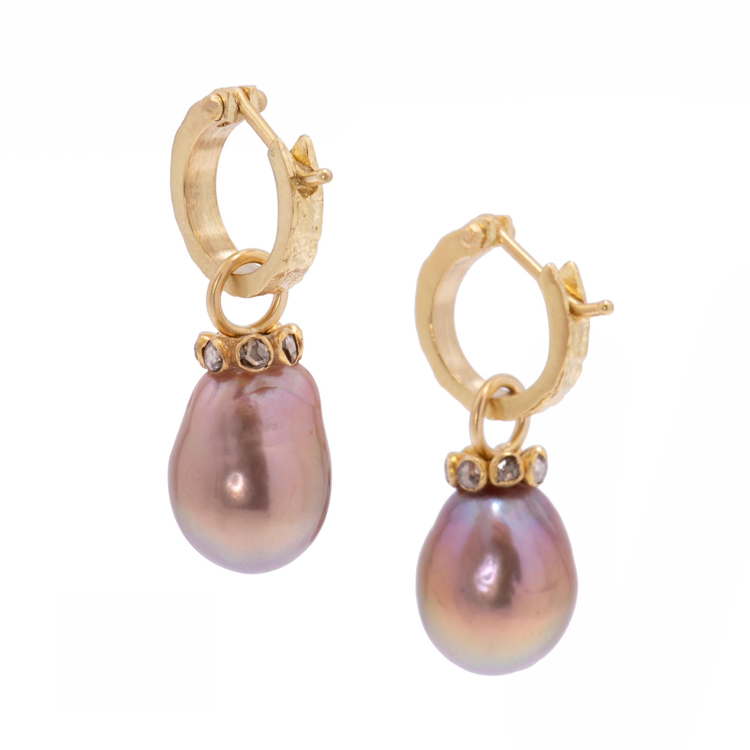 Women's Mauve Pearl Drop Earrings with Cognac Diamonds in 22 Karat and 18 Karat Gold