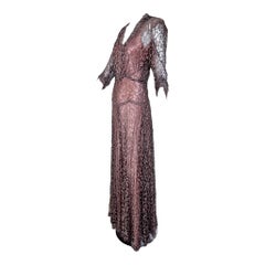 Mauve Pink, Black and Metallic Lace Gown with Satin Slip, 1930s