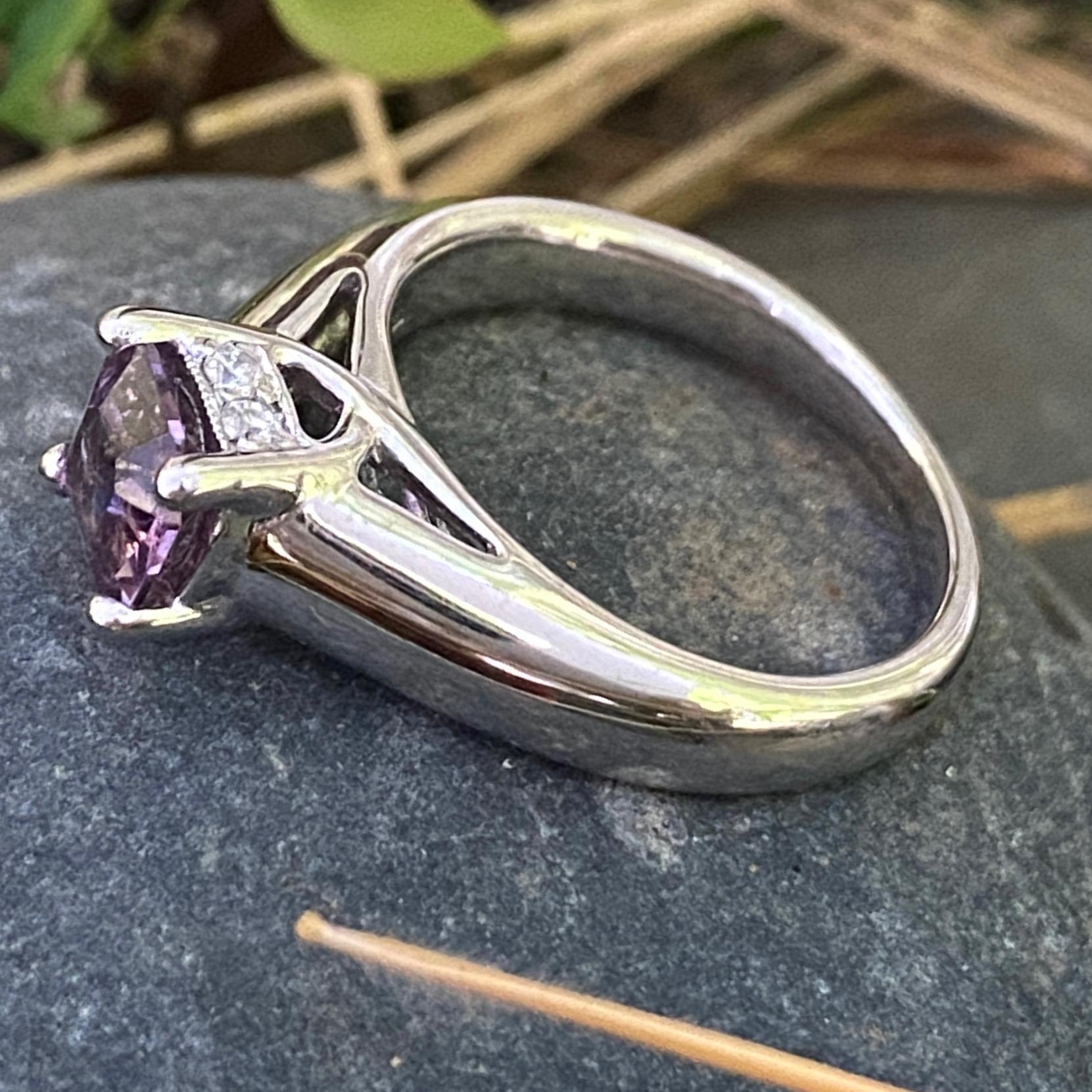 Square Cut Mauve Spinel Set in Circa 2000 White Gold Solitaire with Diamond Accents