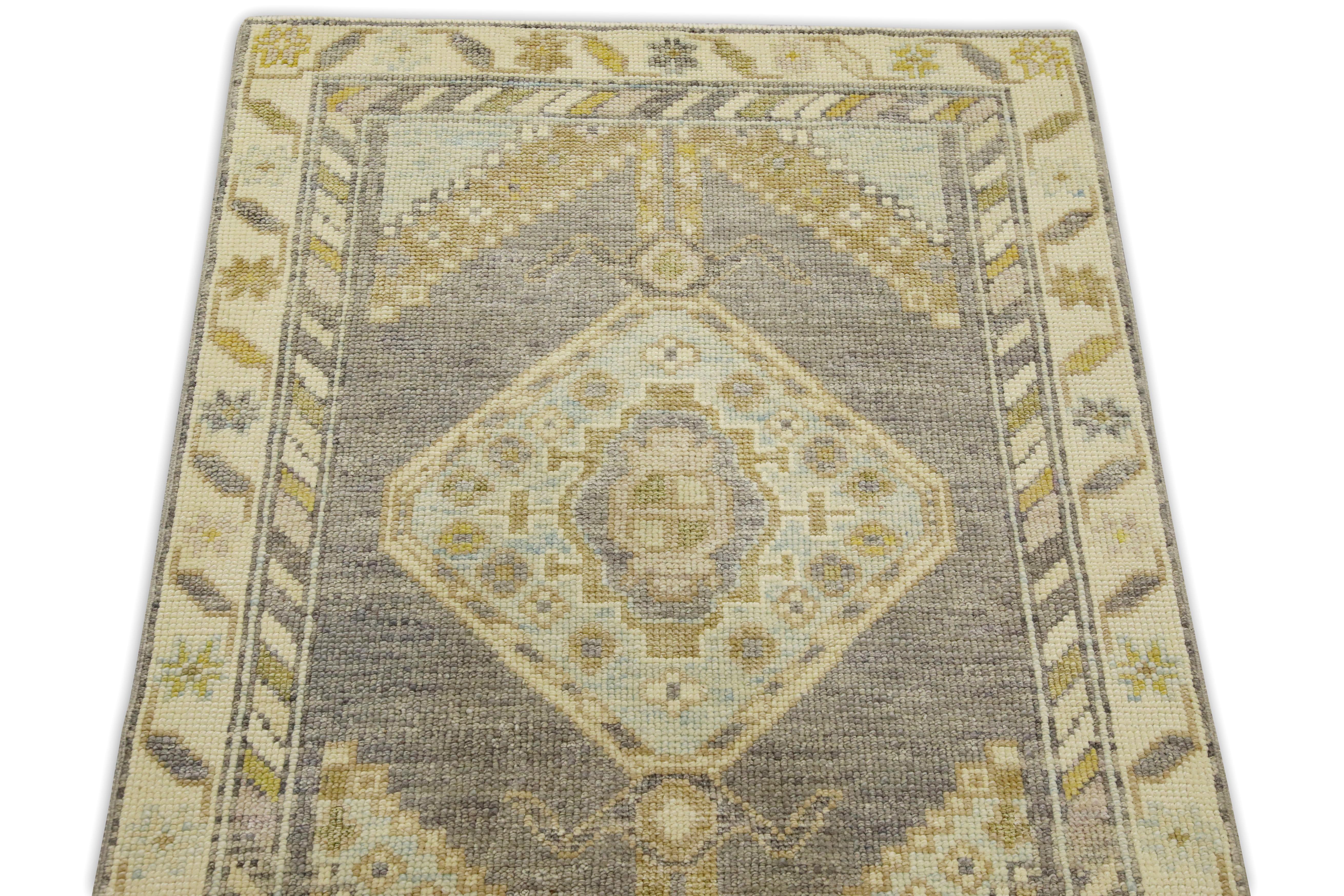 Mauve & Yellow Geometric Design Handwoven Wool Turkish Oushak Runner In New Condition For Sale In Houston, TX