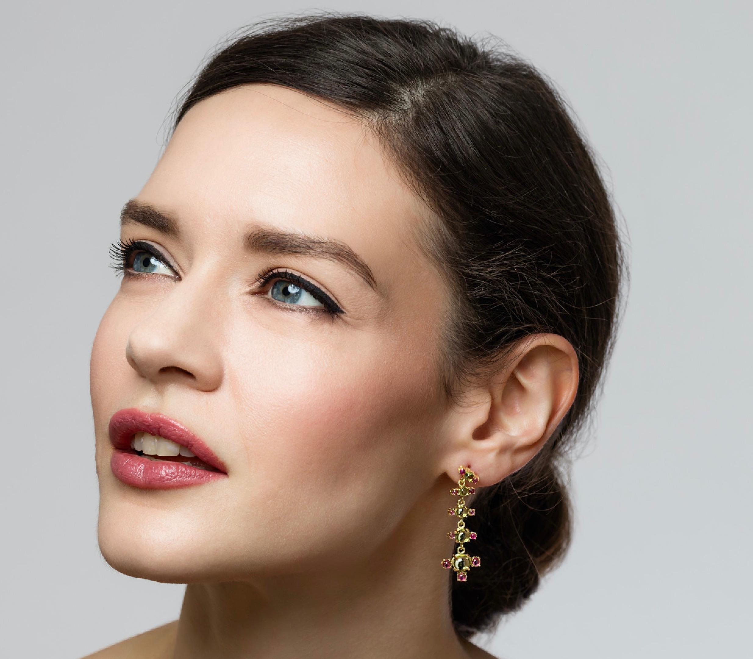 Our + Earrings in 18k yellow gold and brilliant coloured natural gemstone combinations are so feminine and chic. They come in three beautiful coloured combinations: Swiss Blue Topaz and green Peridot, green Peridot and Pink Tourmaline and Purple