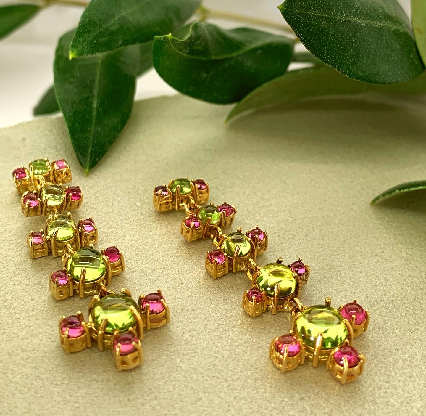 Women's Maviada's 18 Karat Gold Plus + Drop Earrings, Green Peridot and Pink Tourmaline