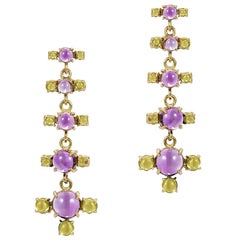 Maviada's 18 Karat Gold Plus + Drop Earrings, Purple Amethyst and Green Peridot