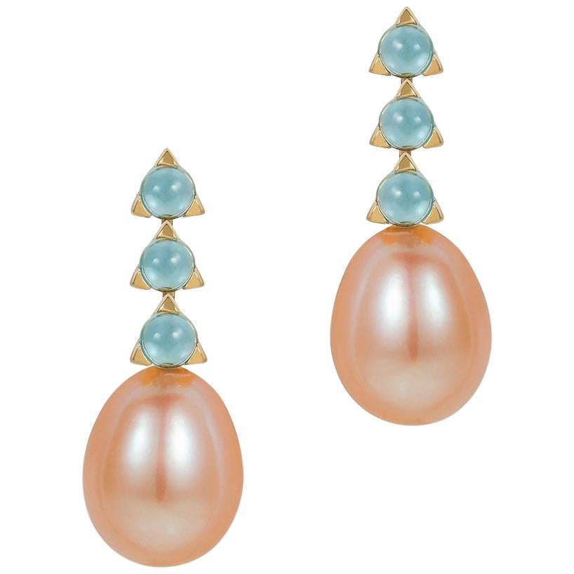 MAVIADA's 3-3mm Stone Baroque Pink Pearl Earrings, Blue Topaz, 18 K Yellow Gold