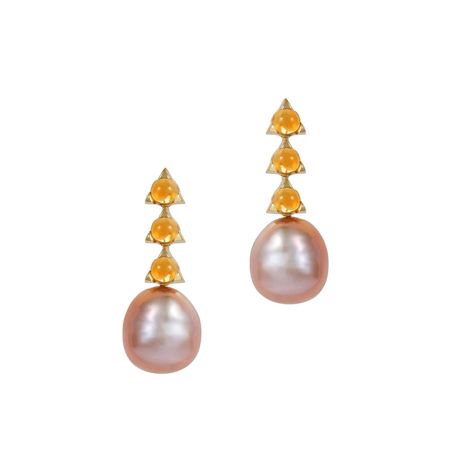 MAVIADA's 3-4mm Stone Baroque Violet Pearl Earrings, Citrine, 18 K Yellow Gold
