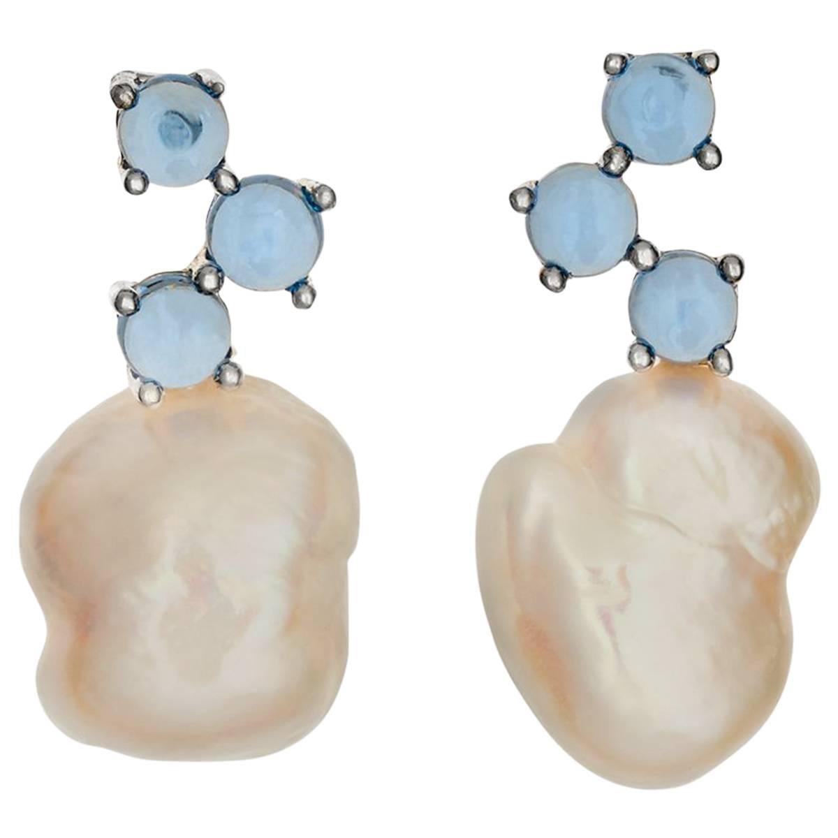 Cabochon Maviada's Cavallo Grey Baroque Pearl London Blue Topaz 18 K White Gold Earrings For Sale