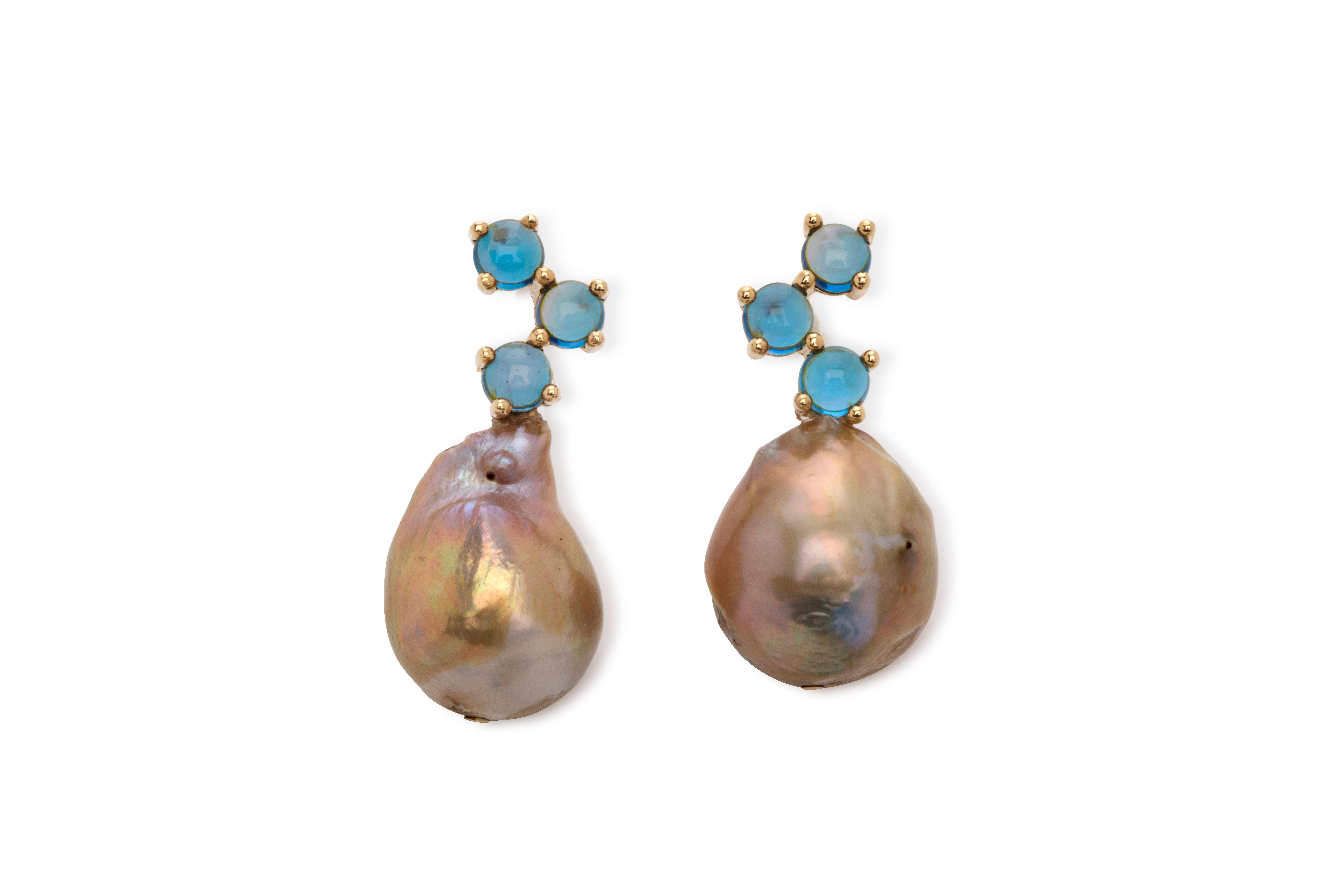 Maviada's Cavallo Grey Baroque Pearl London Blue Topaz 18 K White Gold Earrings For Sale 1