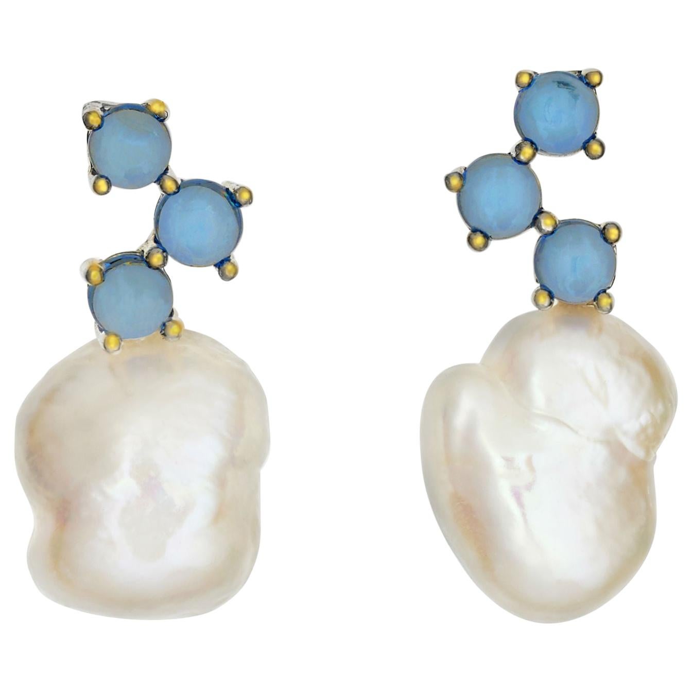 Maviada's Cavallo White Baroque Pearl London Blue Topaz 18k Yellow Gold Earrings For Sale
