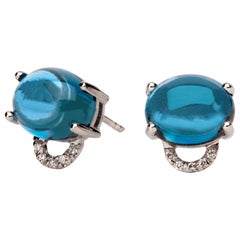 Maviada's Diamond Marmaris 18 Karat Gold Stud Earrings, London Blue Topaz