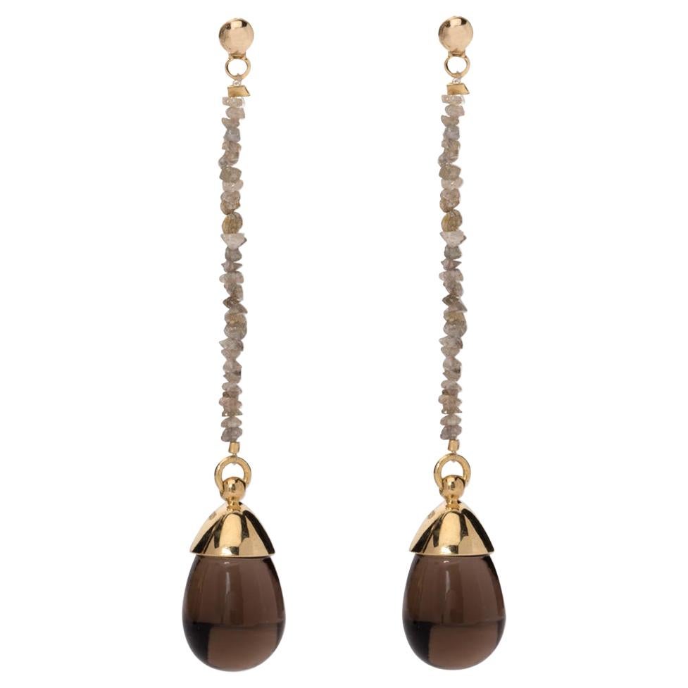 Maviada's Grey Rough Cut Diamond Smoky Brown Quartz 18 Karat Gold Drop Earrings