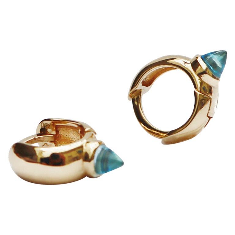 Maviada's Hug Hoop Earrings with Reverse Cut Diamond Blue Topaz, 18 Karat Gold For Sale
