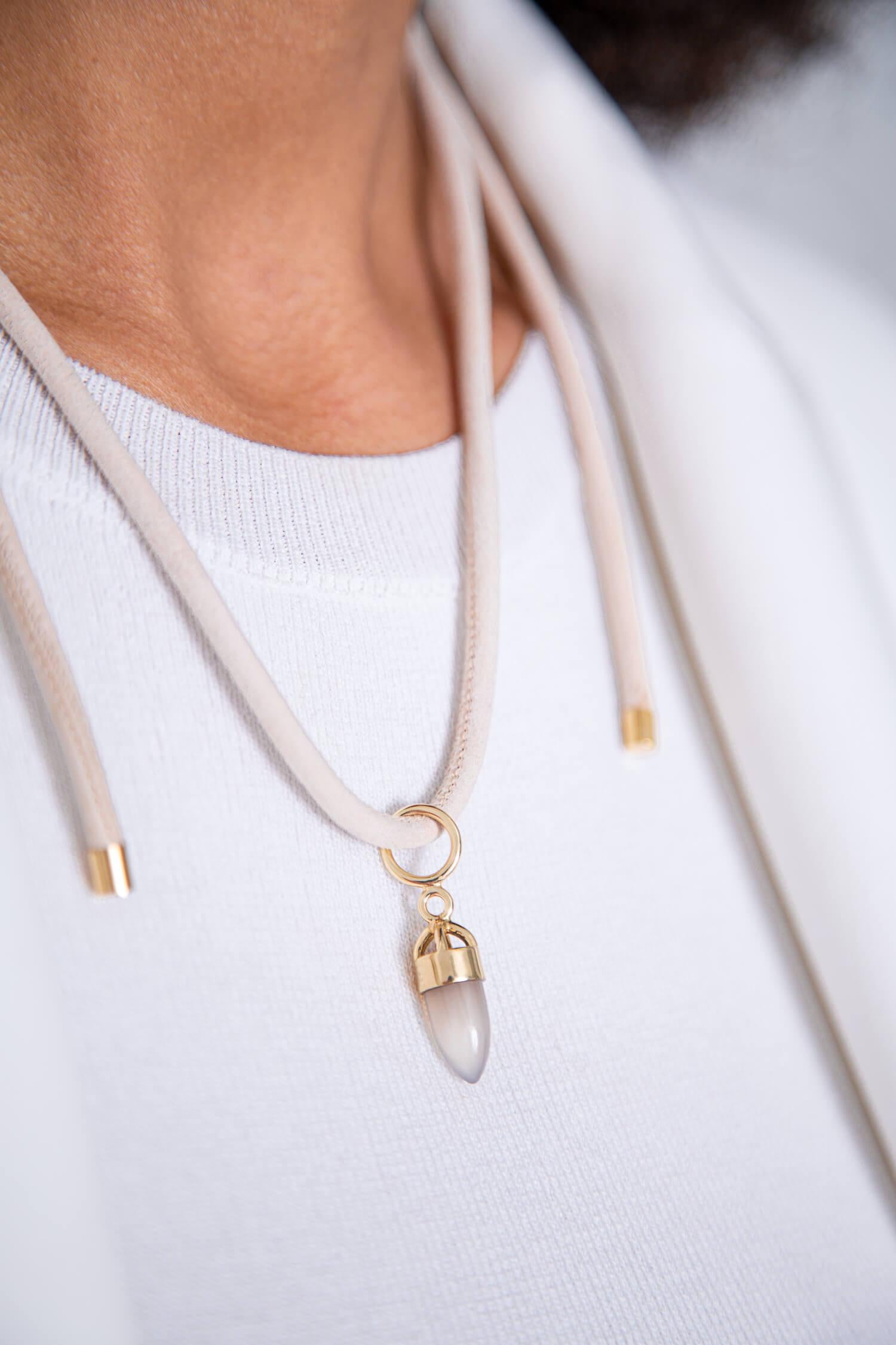 As seen in FT - How to Spend it!

Mallorca Flat
18kt yellow gold pendant, 8x15mm stone
These gorgeous pendants with bullet shaped smooth cut stones are designed to be versatile. Wear them alone, in multiples of three, with a chain, or with a cord,