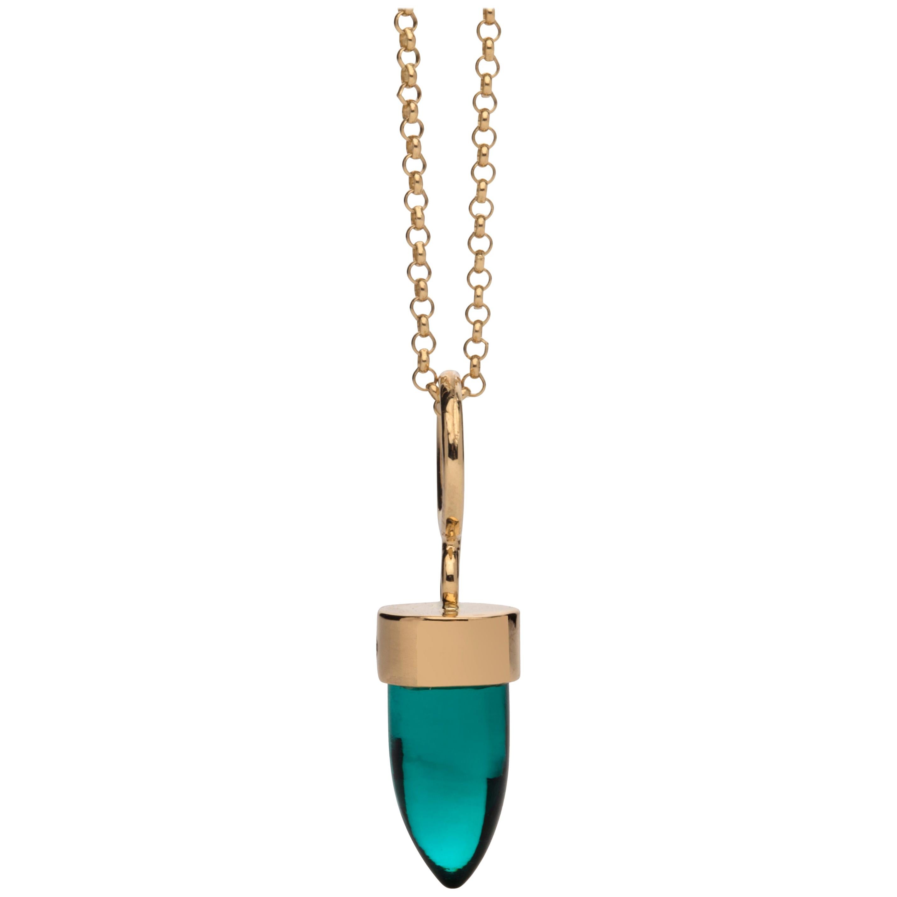 MAVIADA's Modern Minimalist Teal Quartz Stone 18 Karat Gold Pendant Necklace For Sale
