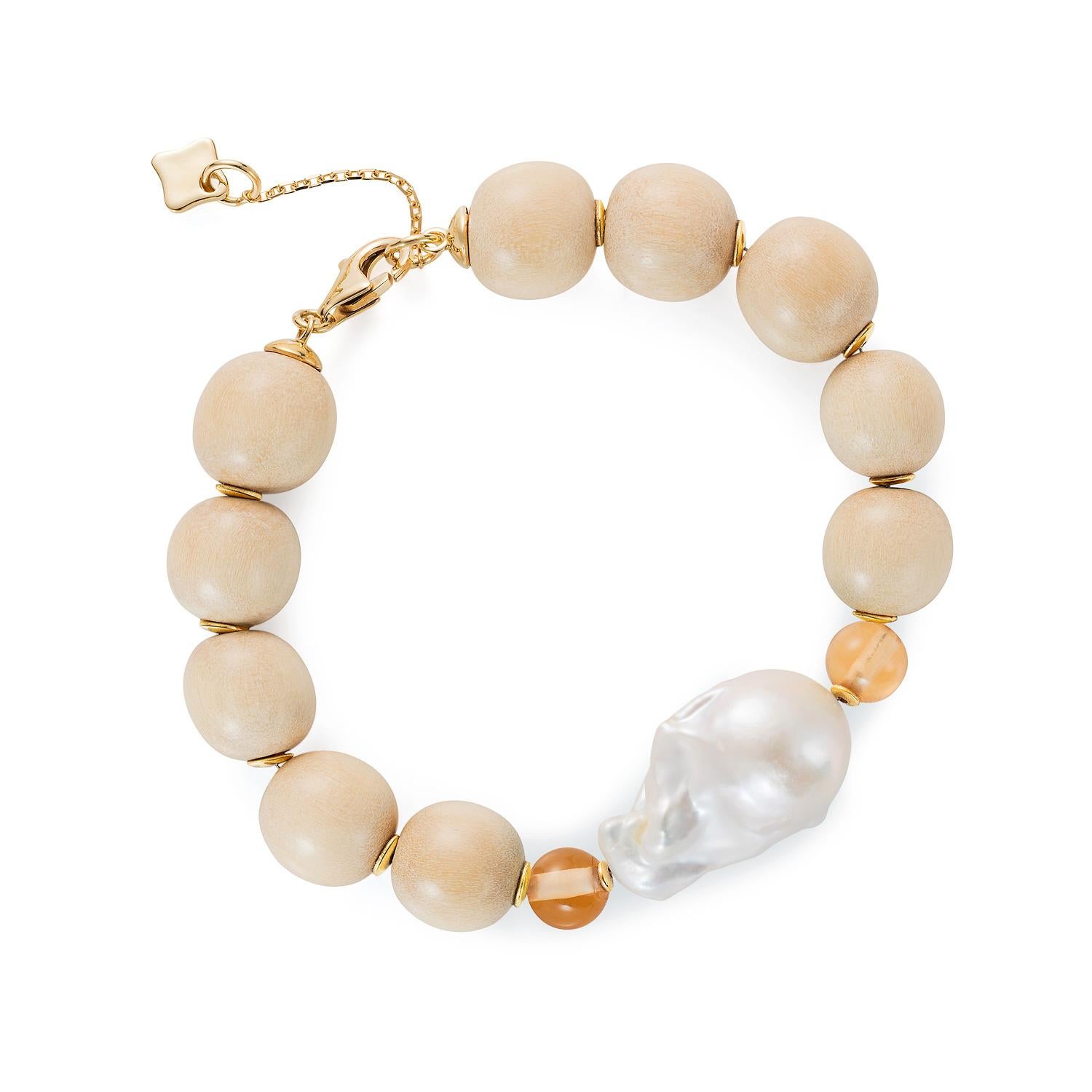 Women's or Men's MAVIADA's Modern Wooden Bracelet with 18K Gold Discs, Baroque Pearl, Aqua Blue For Sale