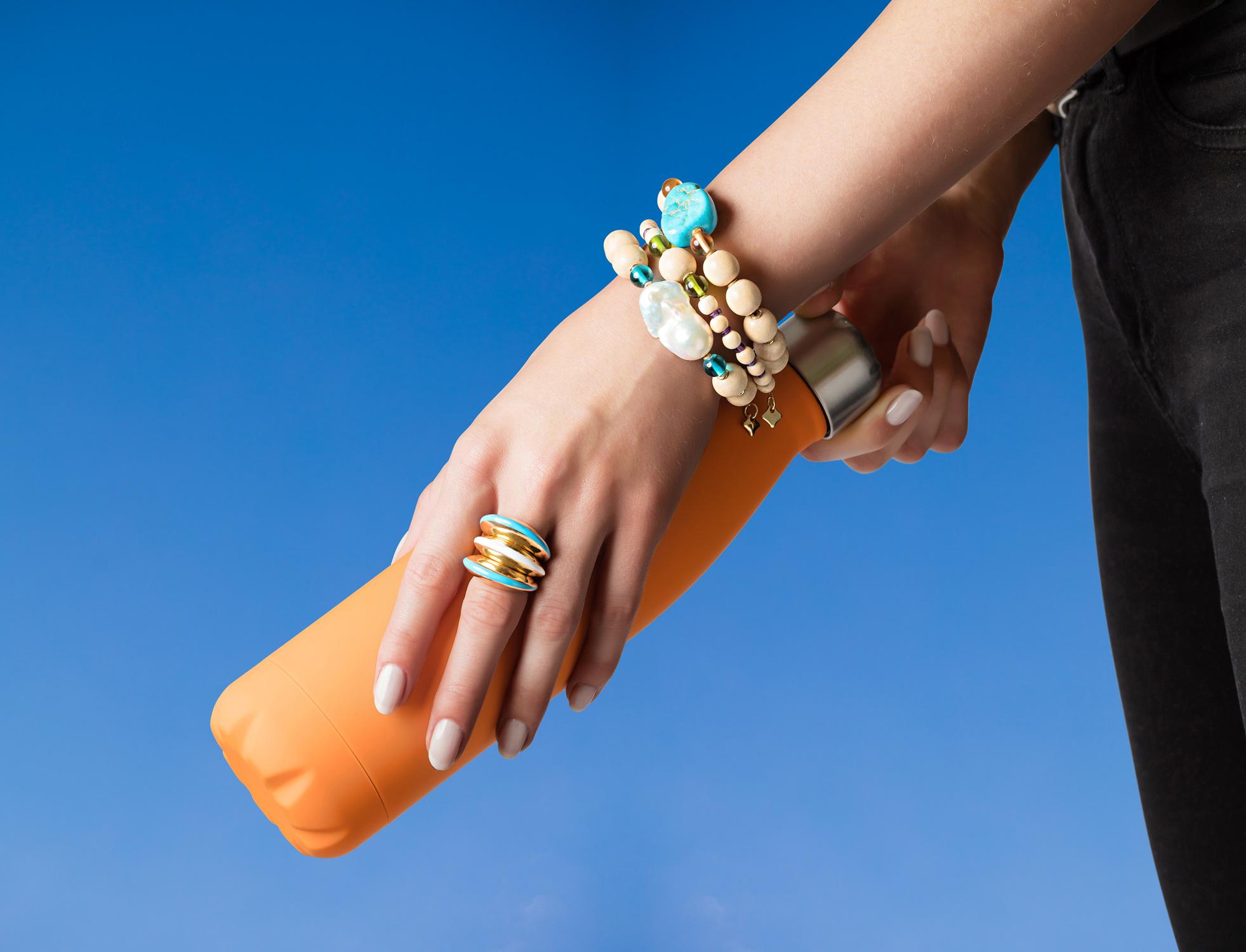 MAVIADA's Modern Wooden Bracelet with 18K Gold Discs, Baroque Pearl, Aqua Blue For Sale 1