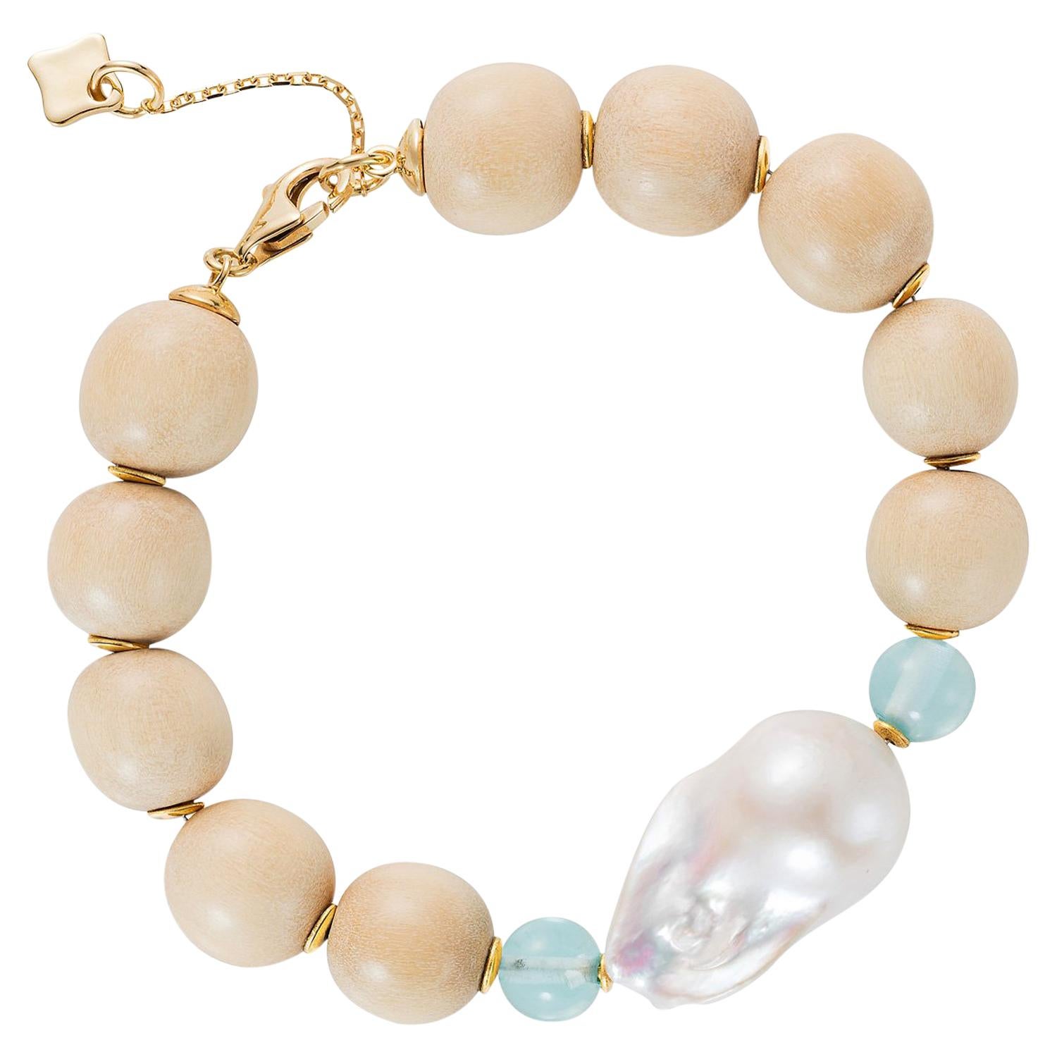 MAVIADA's Modern Wooden Bracelet with 18K Gold Discs, Baroque Pearl, Aqua Blue
