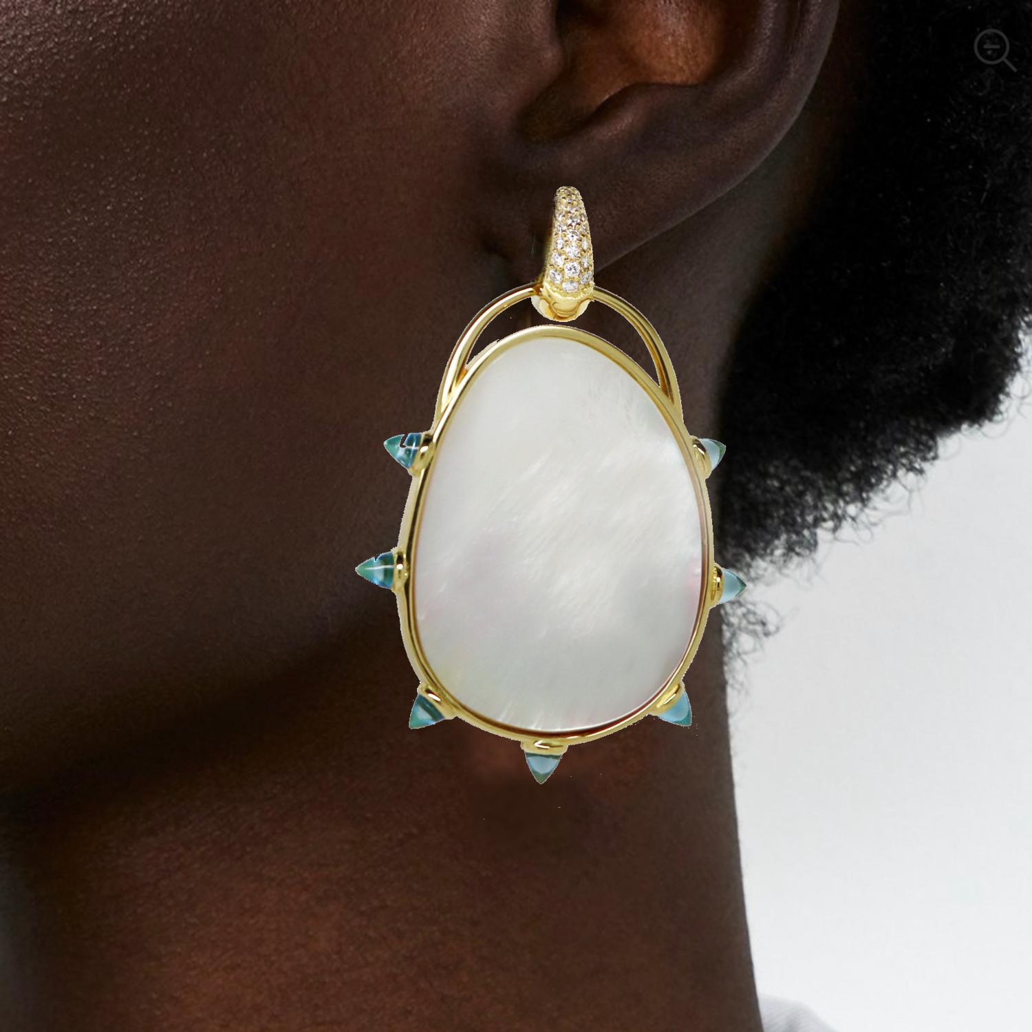 As seen in Wallpaper Magazine! Glamour is back...
These gorgeous natural Mother of Pearl drop earrings in 18k yellow gold button and reverse diamond smooth cut natural blue topaz, are new to our Collection this year and are truly unique. There are
