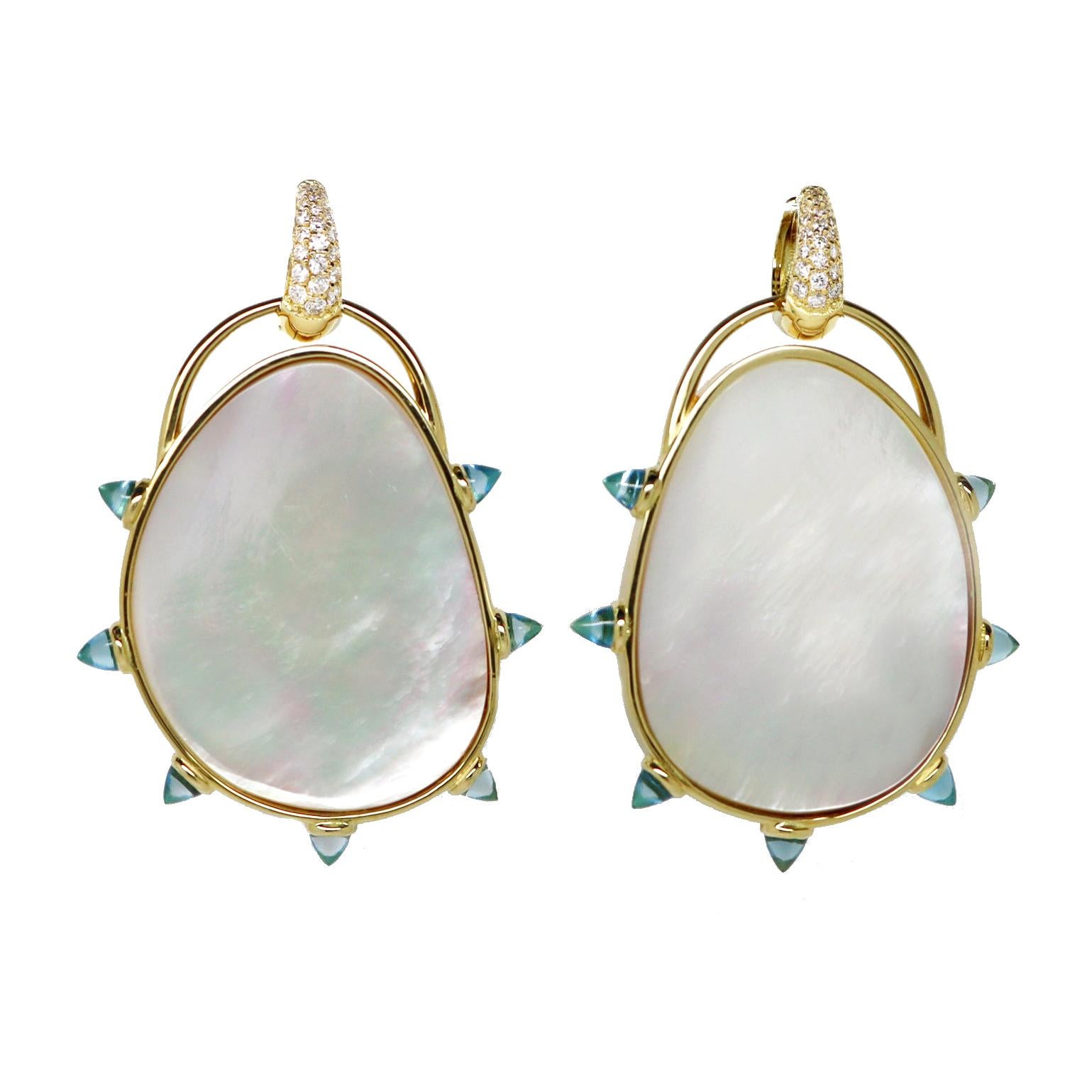 Maviada's Mother of Pearl, 18 Karat Gold Button, Blue Topaz, Large For Sale
