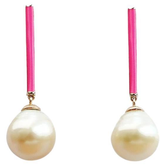 Maviada's Neon Pink Enamel South Sea Pearl Earrings, Set in 18k Gold For Sale
