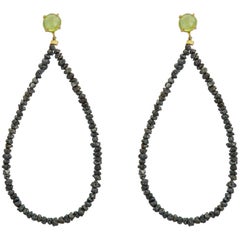 Maviada's Rough Cut Black Diamond 18 Karat Gold Green Peridot Hoop Earrings