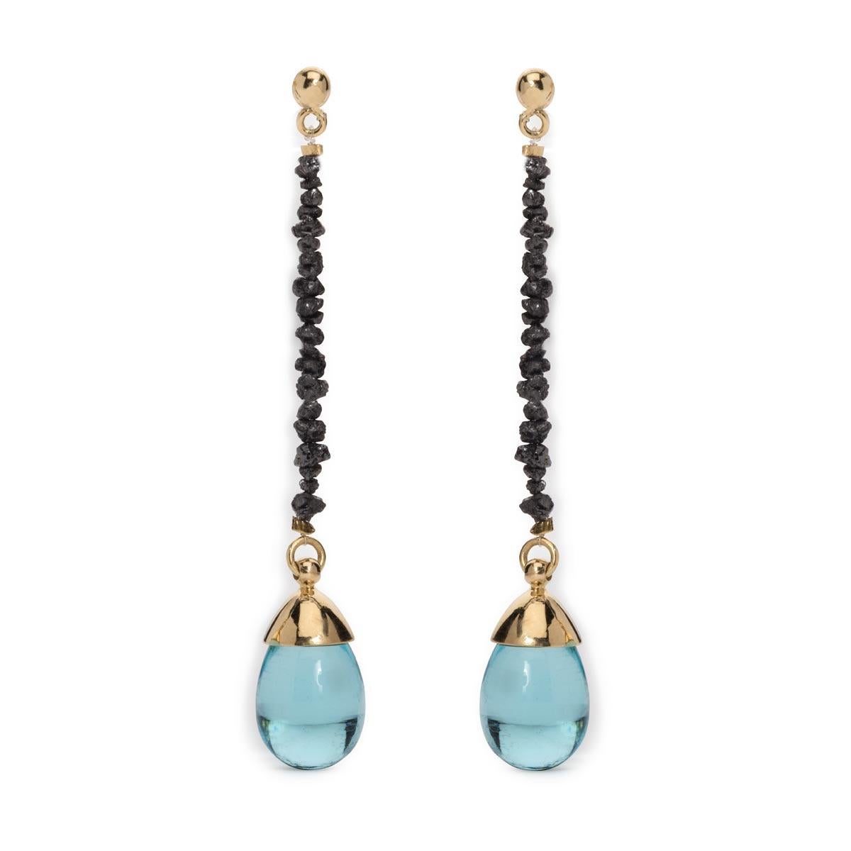 MAVIADA's Rough Cut Diamond Aqua Blue Quartz Stone 18 Karat Gold Drop Earrings 6
