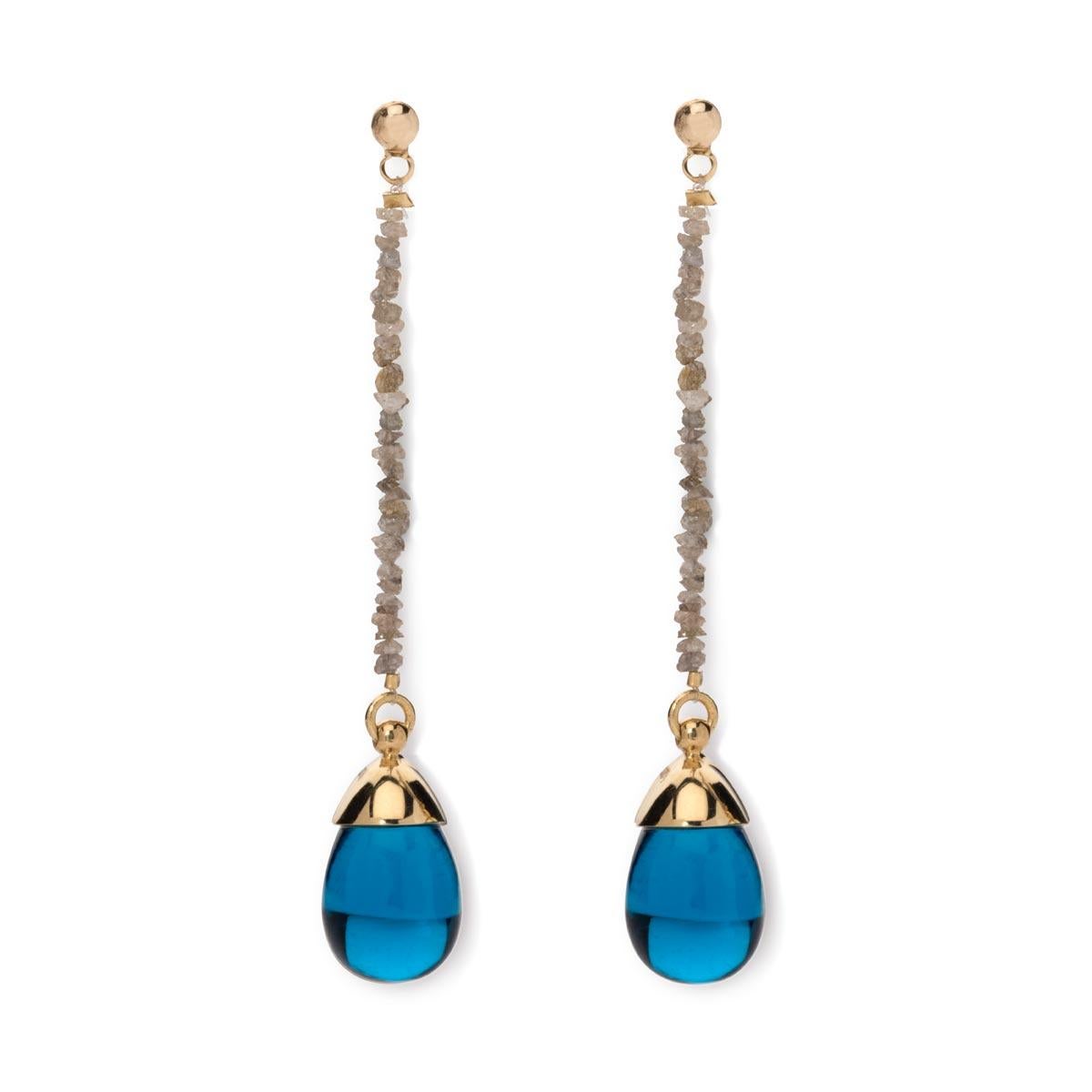 Contemporary MAVIADA's Rough Cut Diamond Aqua Blue Quartz Stone 18 Karat Gold Drop Earrings