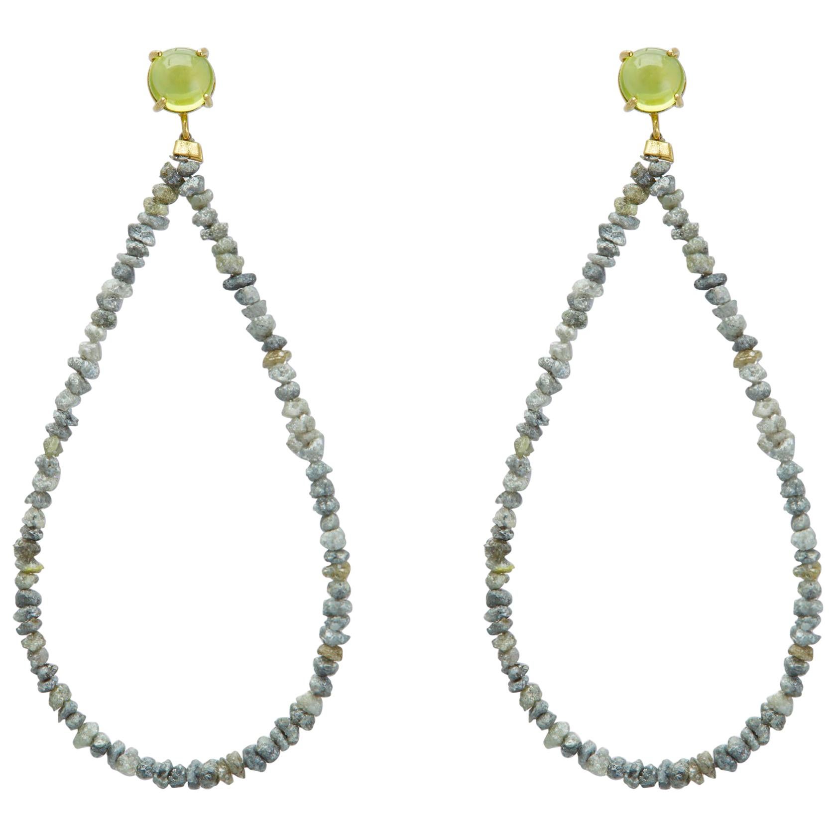 Maviada's Rough Cut Grey Diamond 18 Karat Gold Green Peridot Hoop Earrings