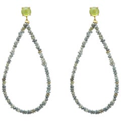 Maviada's Rough Cut Grey Diamond 18 Karat Gold Green Peridot Hoop Earrings