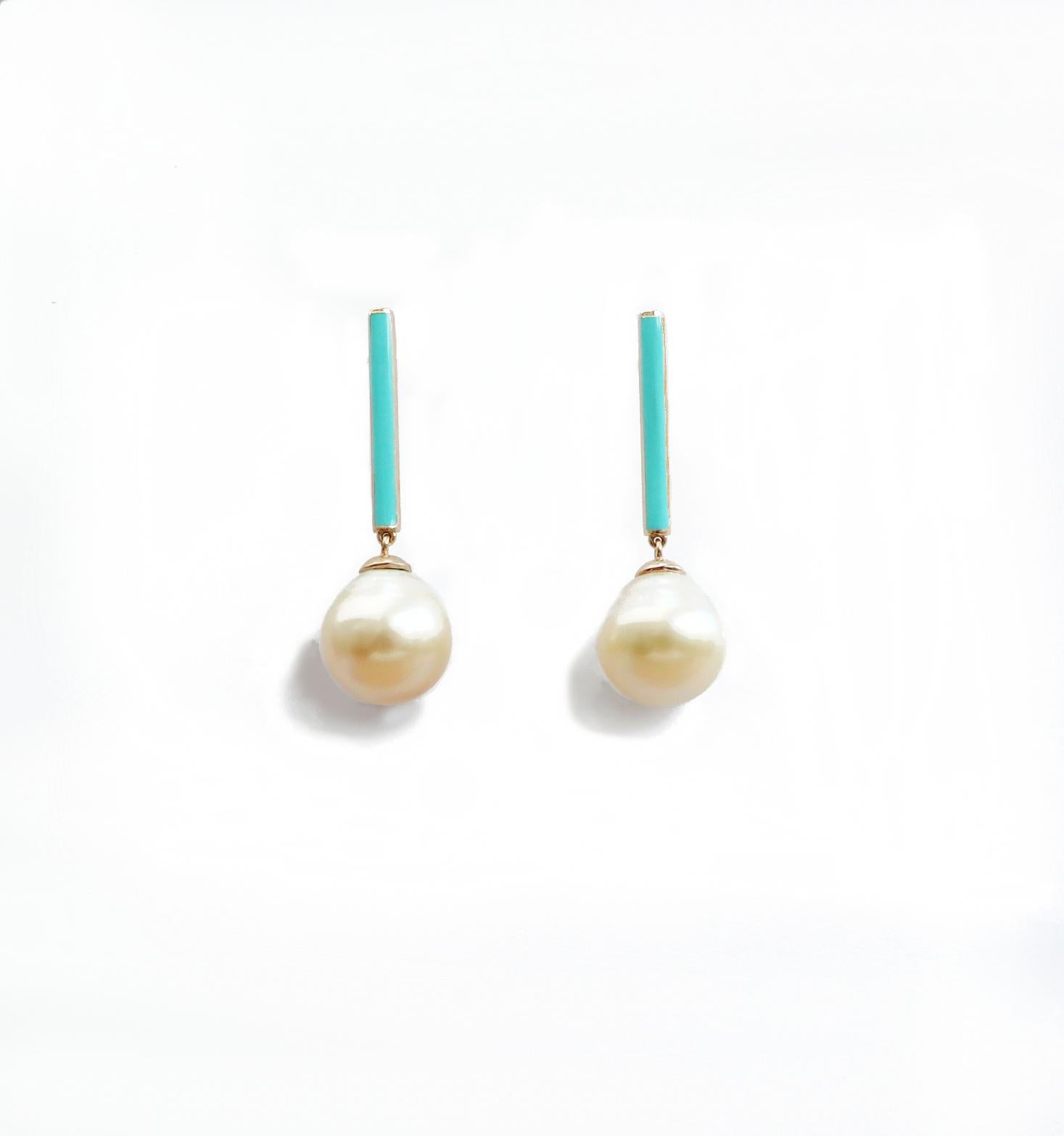 Contemporary Maviada's Turquoise Enamel South Sea Pearl Earrings, Set in 18K Gold For Sale