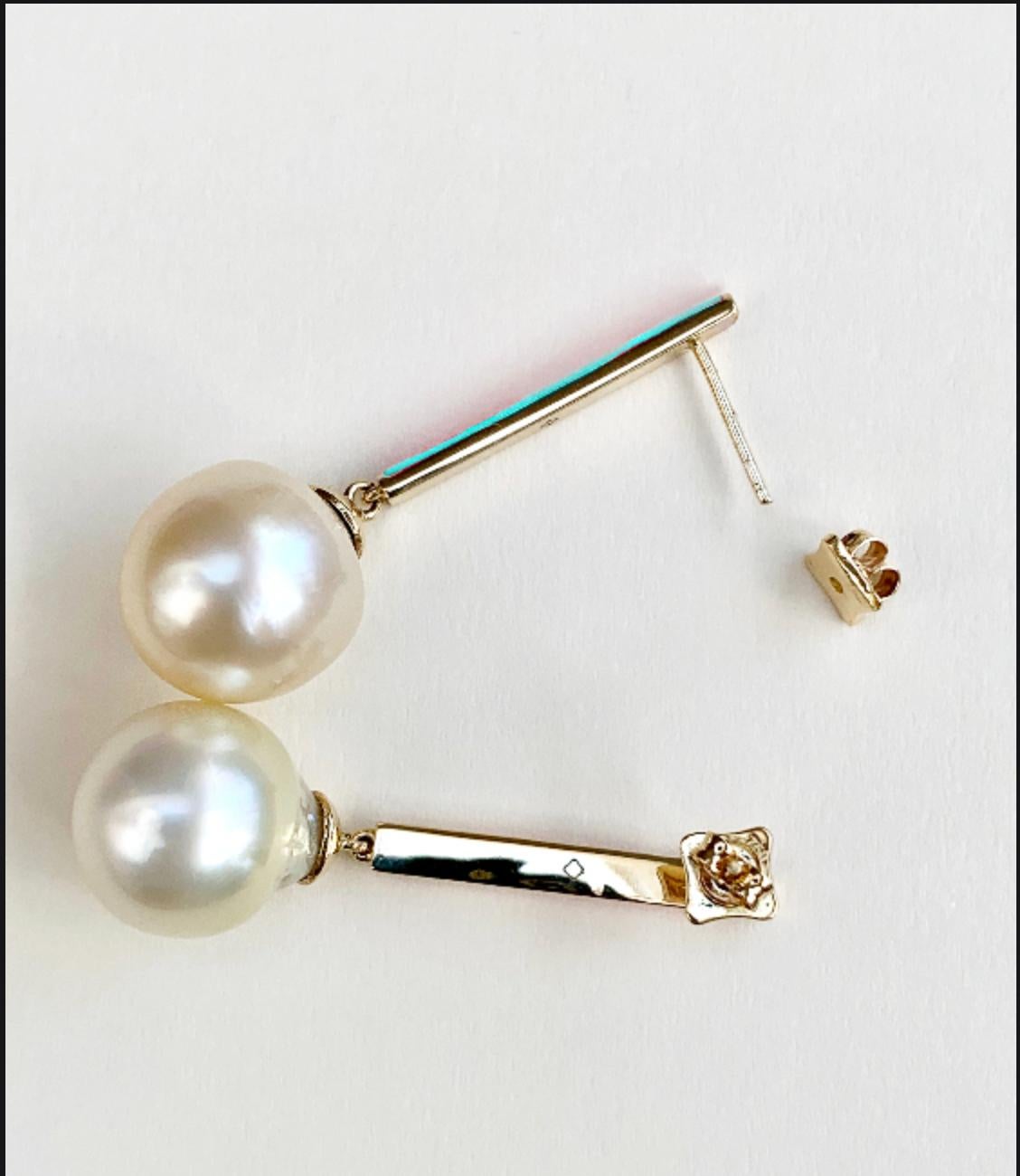Uncut Maviada's Turquoise Enamel South Sea Pearl Earrings, Set in 18K Gold For Sale