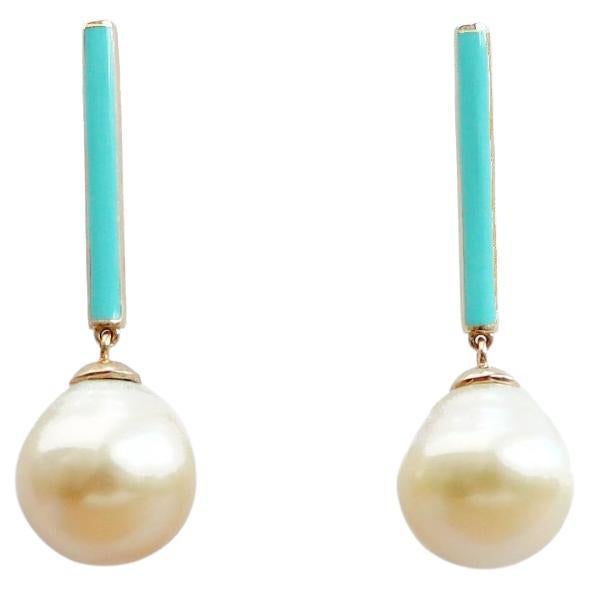 Maviada's Turquoise Enamel South Sea Pearl Earrings, Set in 18K Gold For Sale