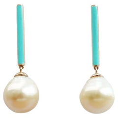 Maviada's Turquoise Enamel South Sea Pearl Earrings, Set in 18K Gold