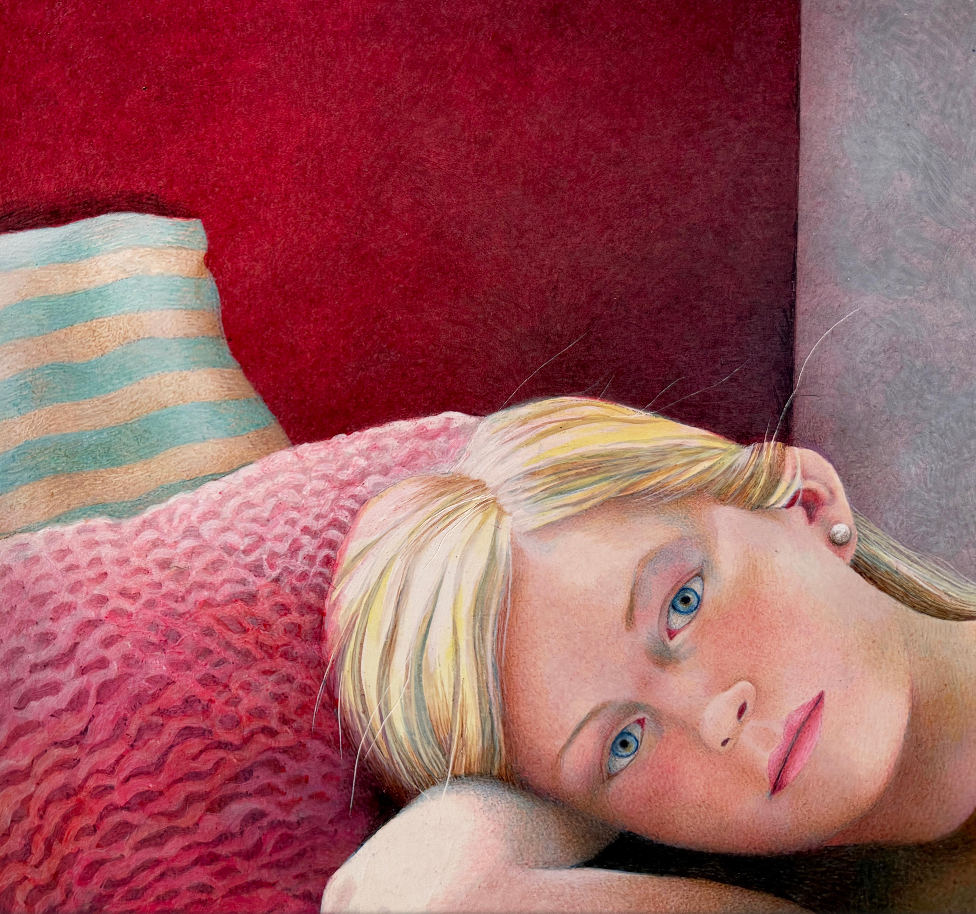 CONTEMPLATION - Portrait / Femme / Dog / Réalisme - Gris Figurative Painting par Mavis Smith