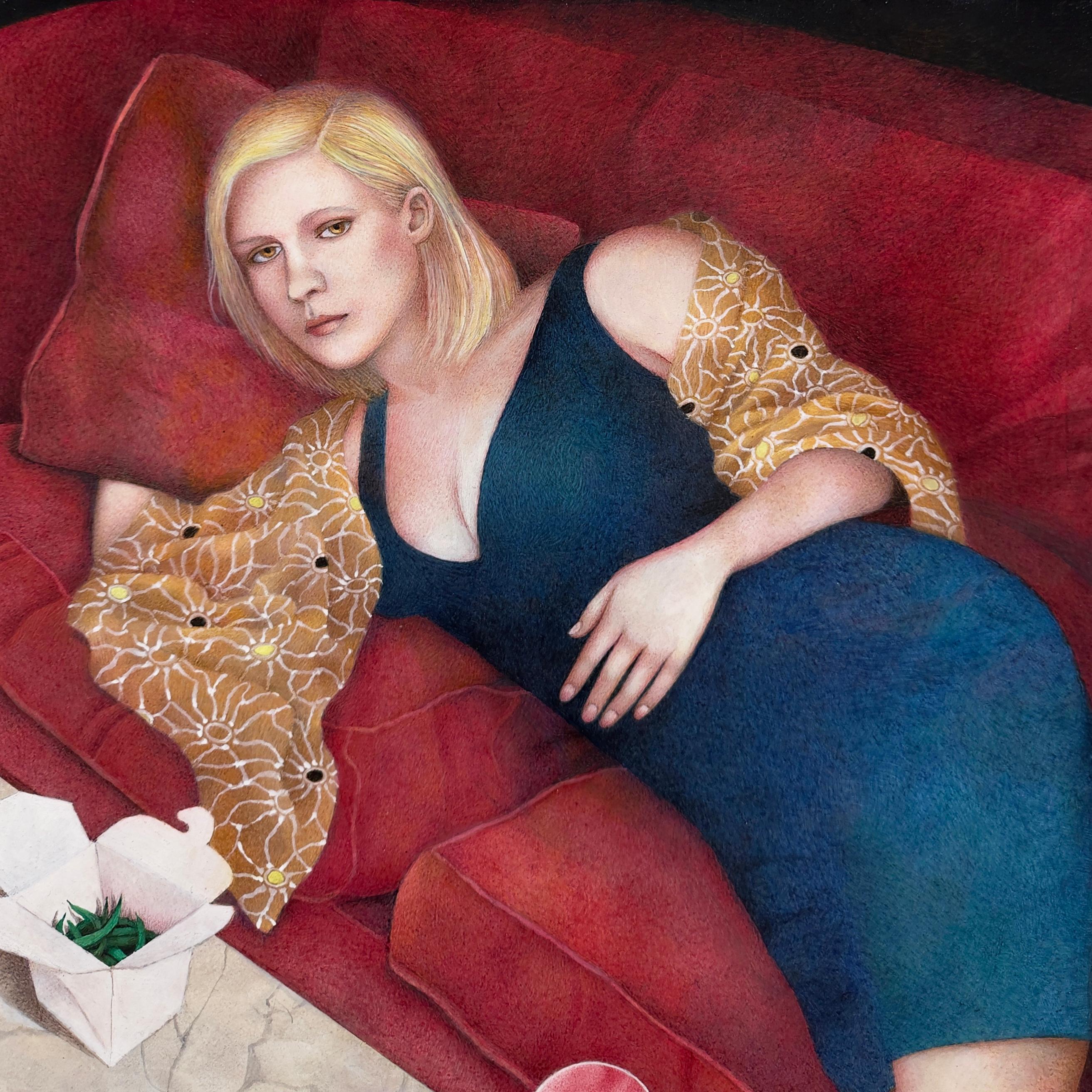 TAKE OUT - Arte narrativo / Realismo figurativo / Témpera al huevo - Figurative Painting Marrón de Mavis Smith