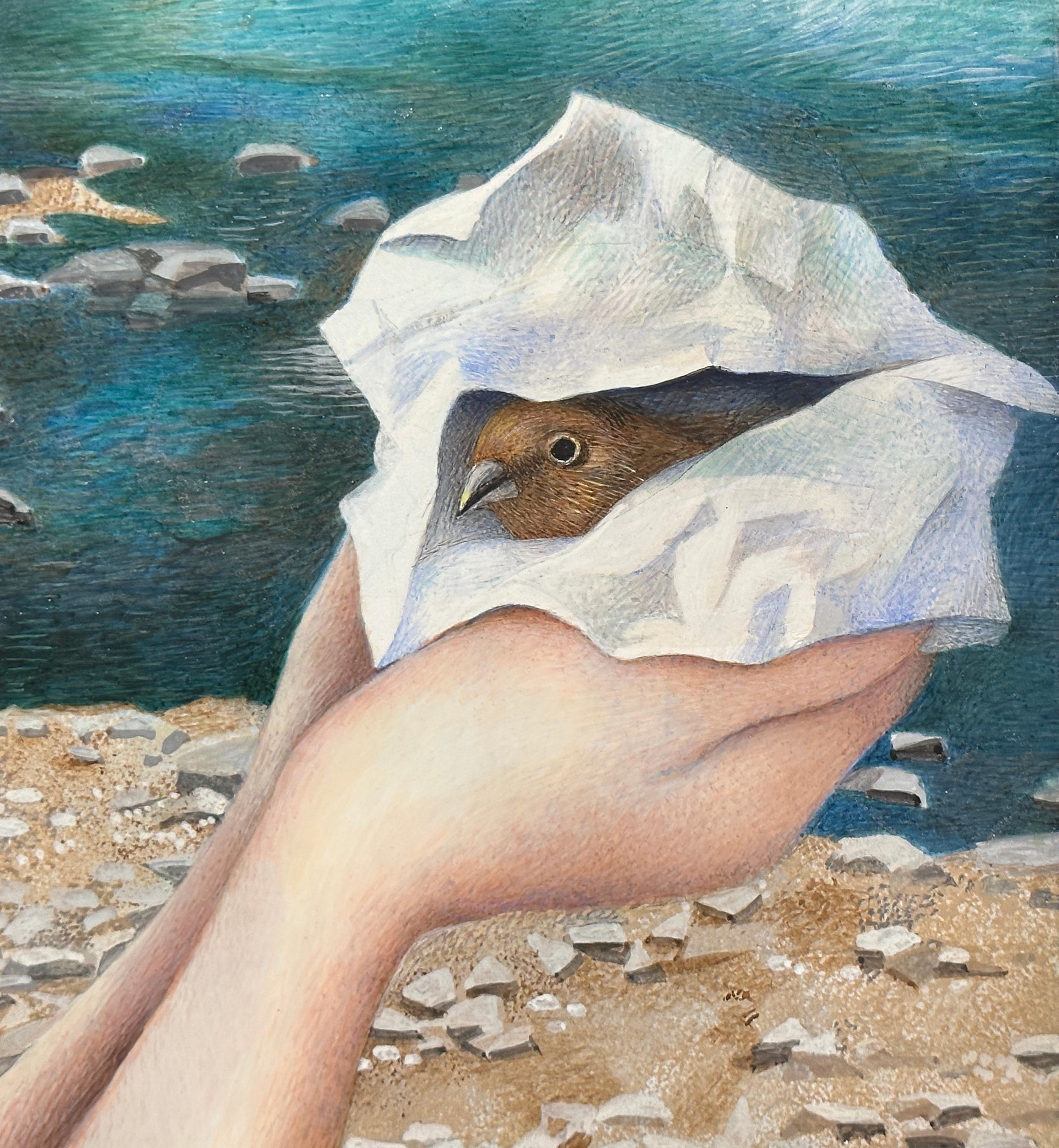 VOW - Retrato Femenino / Realismo / Mujer con Pájaro / Escena de la Naturaleza - Figurative Painting Beige de Mavis Smith