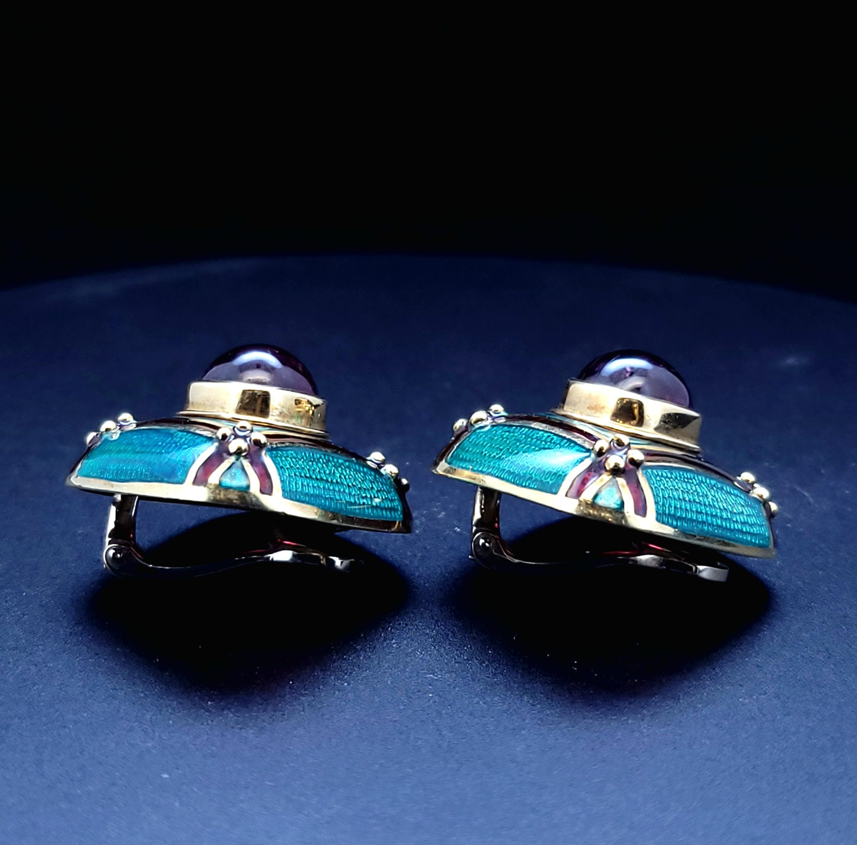 Mavito 18 K 750 Yellow Gold Earrings with Amethyst Center Red and Green Enamel For Sale 4